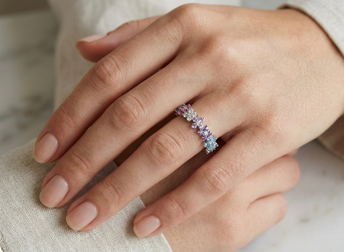 MWAC002 - خاتم أحجار ملونة فاخر مطلي بالذهب - Aya