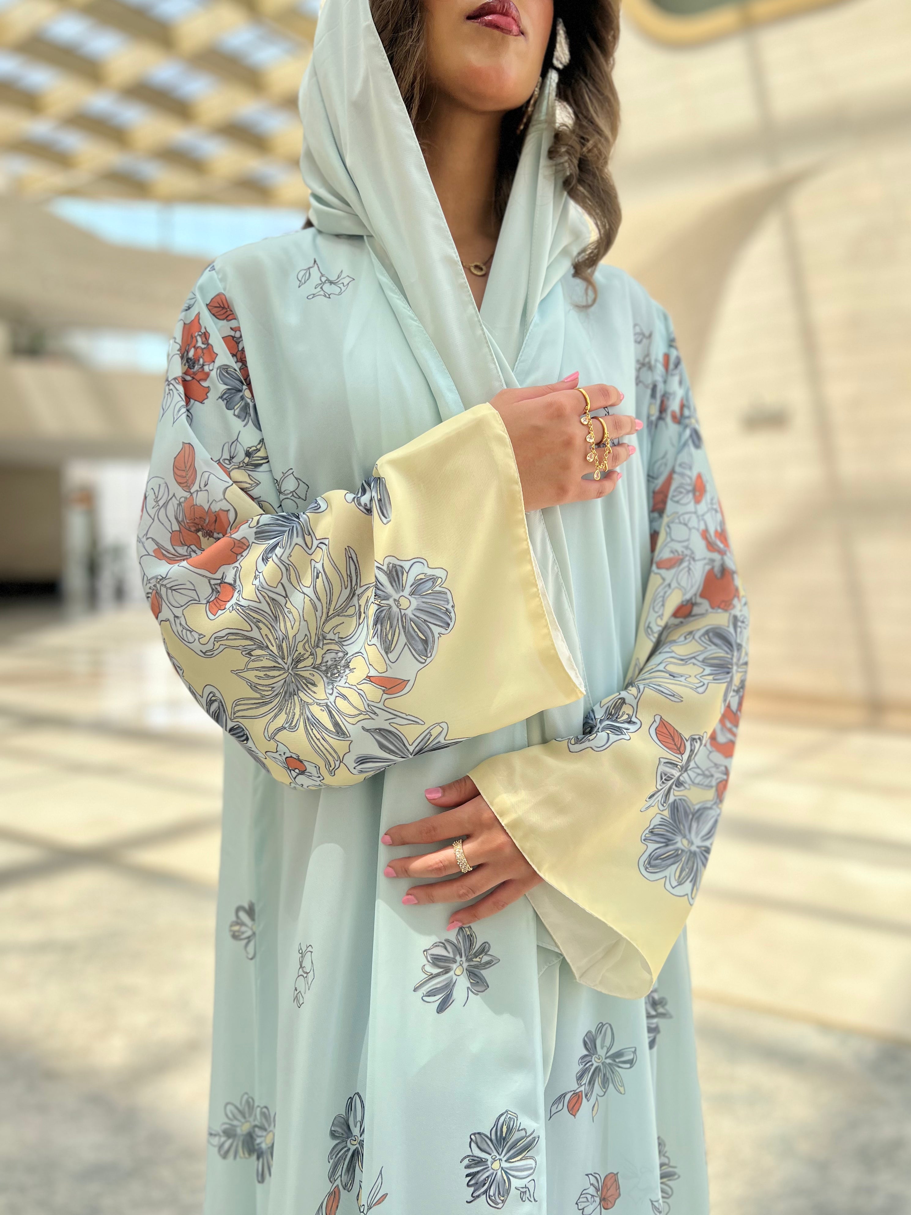 MWT328 - عباية طباعة شيفون ملون اصفر - Aya