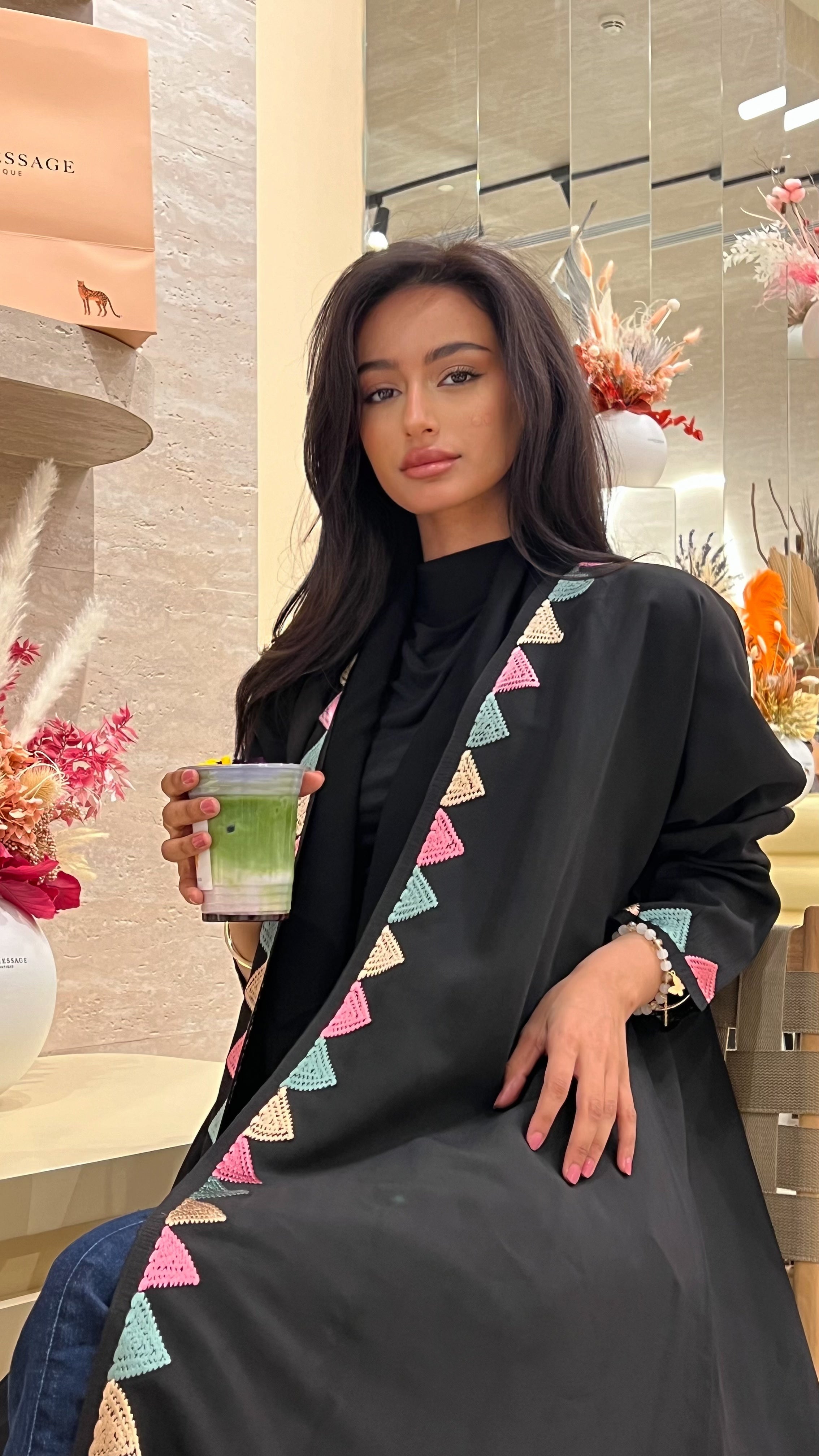 MWT76 - عباية حرير مغسول مطرز وردي وسماوي - Aya