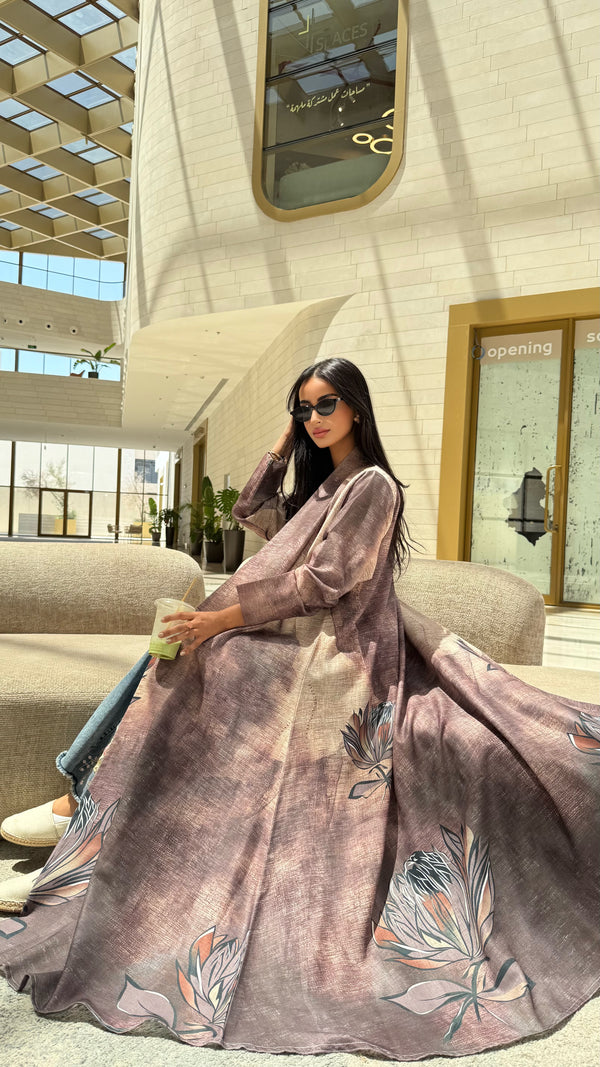 MW1560 - عباية لنن طباعة بني | Brown printed linen abaya