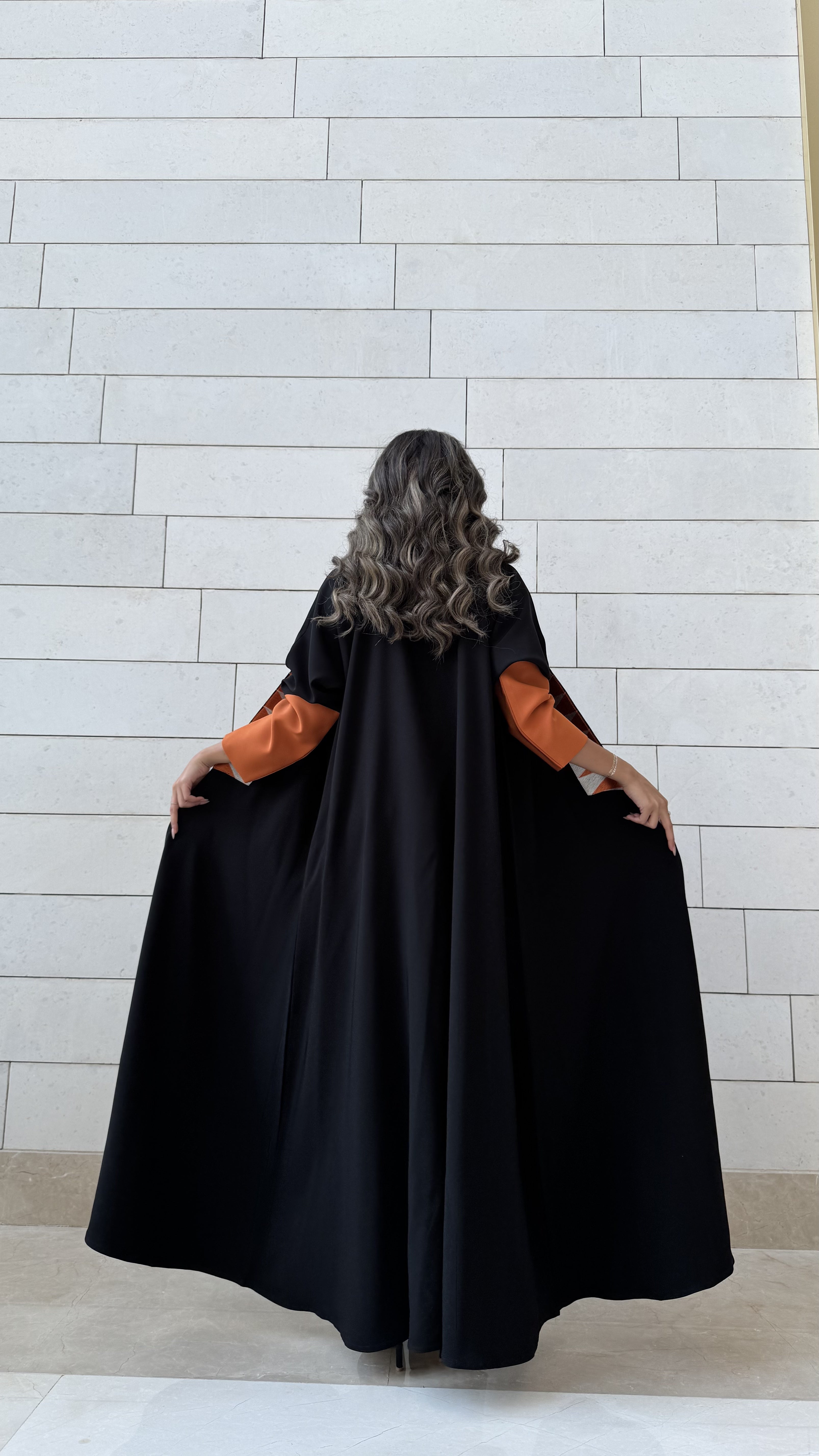 MW1591 -عباية سوداء بتطريز برتقالي | Black Abaya with Orange Embroidery