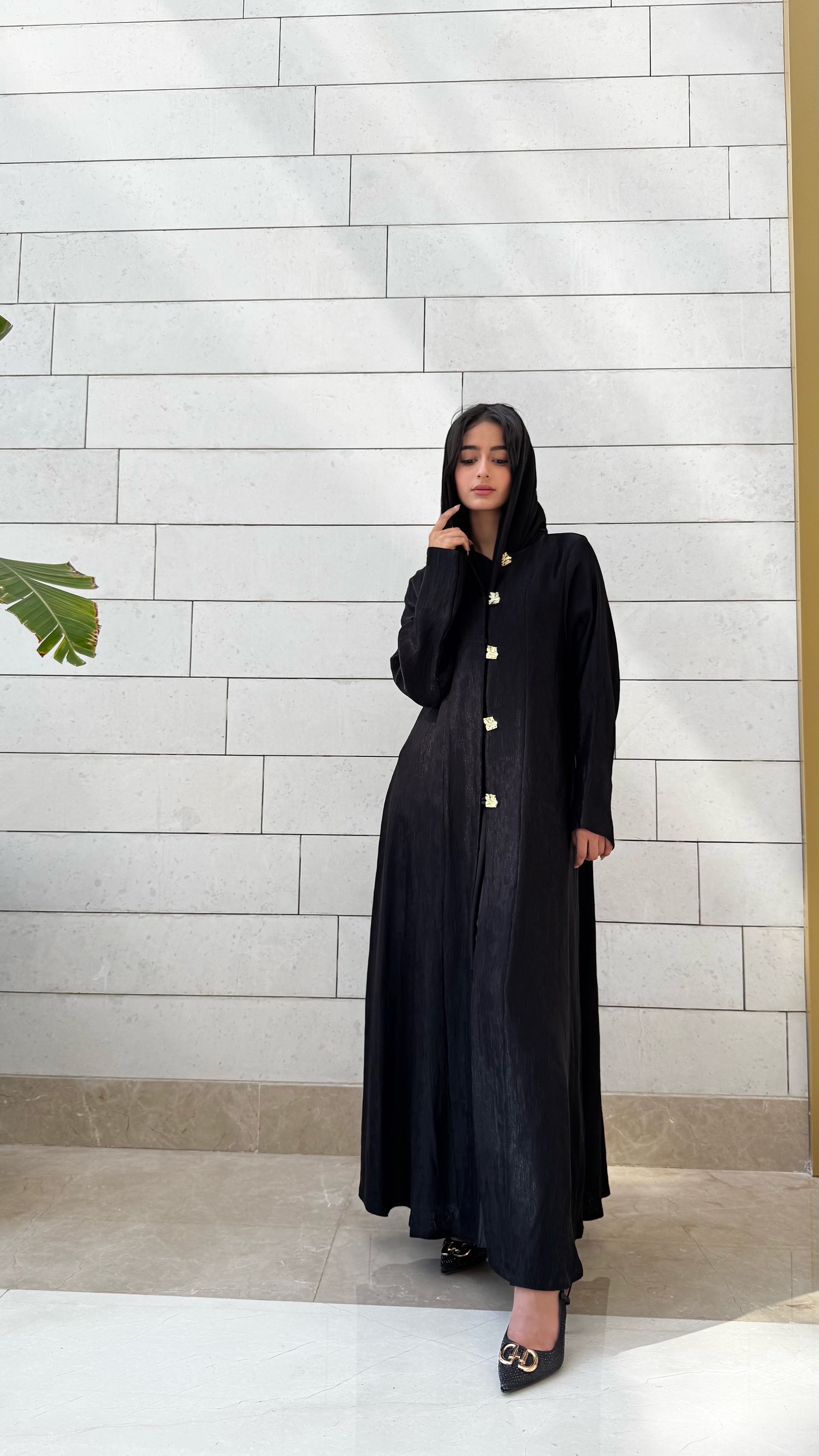 MWT659 -عباية اسود بليزر قماش مكسر - Aya