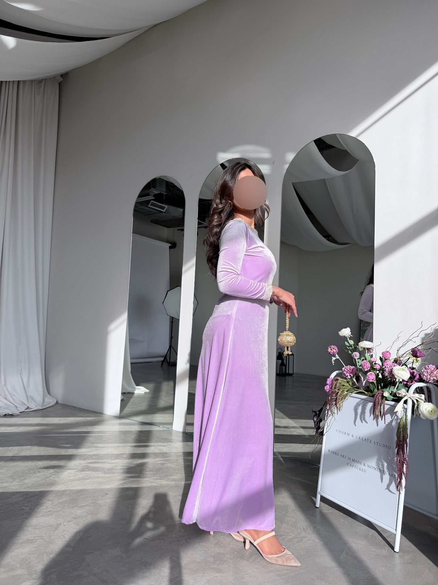 MWJ031 - جلابية مخمل سترتش موف فاتح و شك كلفة - Aya