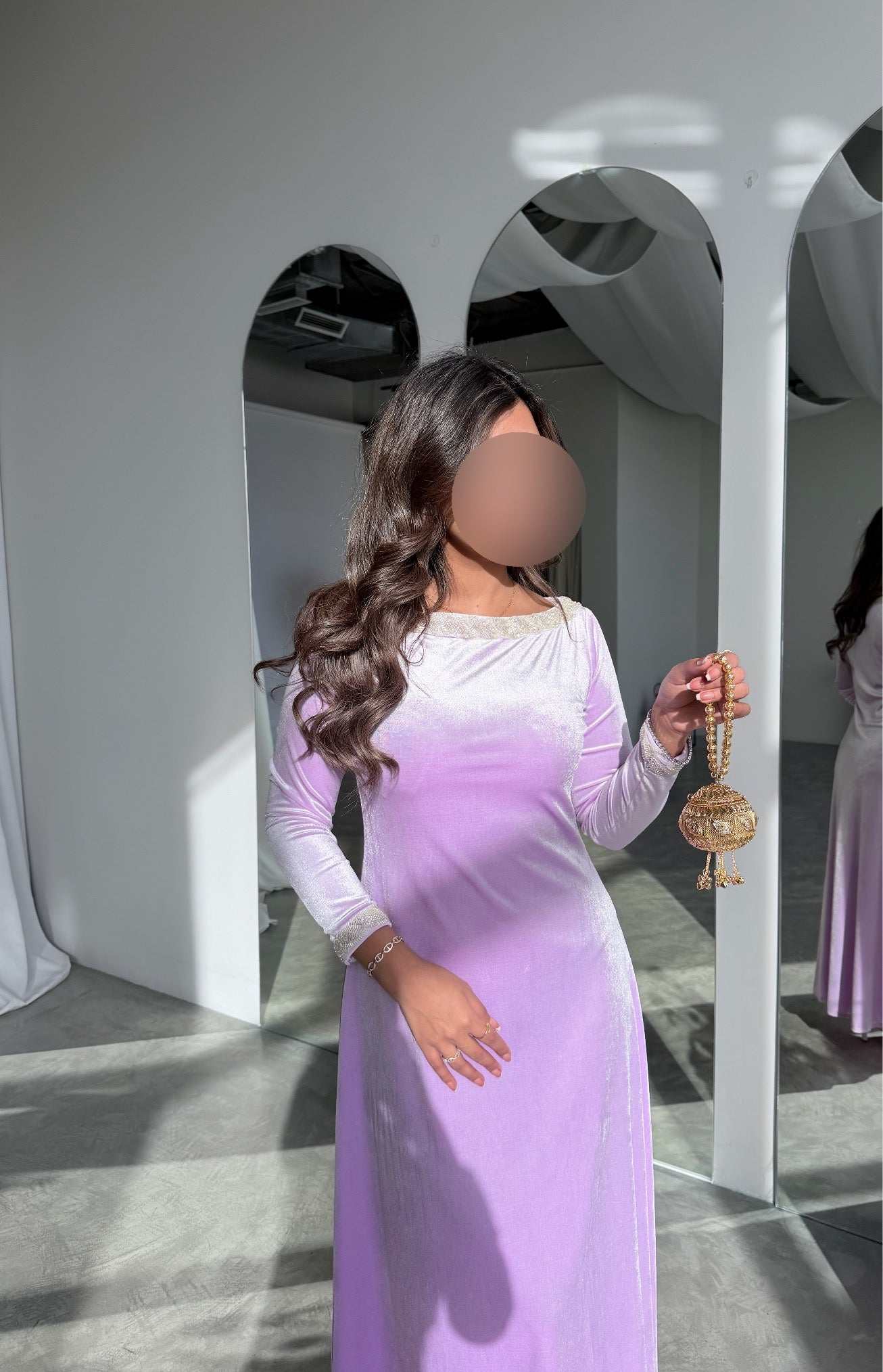 MWJ031 - جلابية مخمل سترتش موف فاتح و شك كلفة - Aya