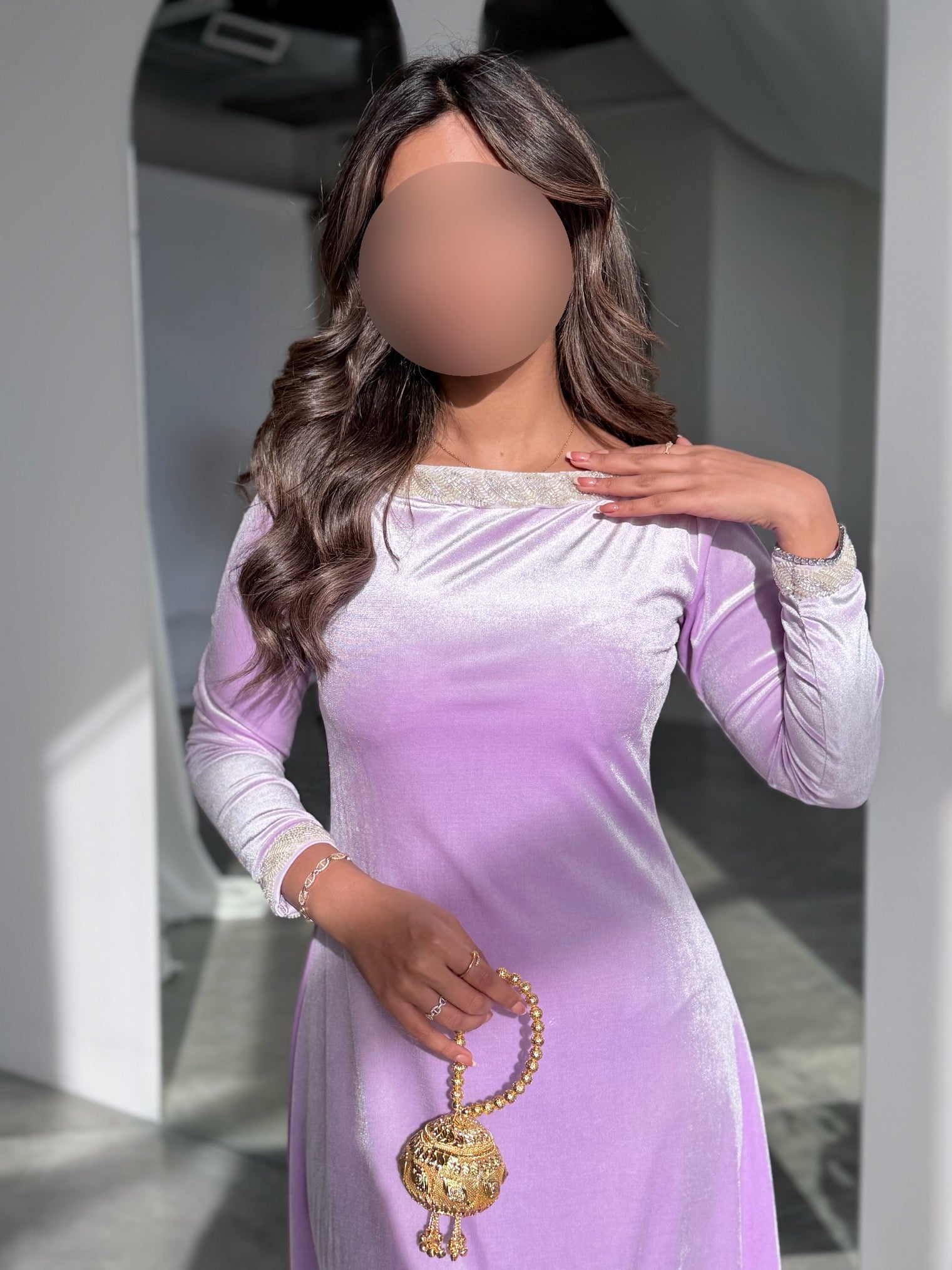 MWJ031 - جلابية مخمل سترتش موف فاتح و شك كلفة - Aya