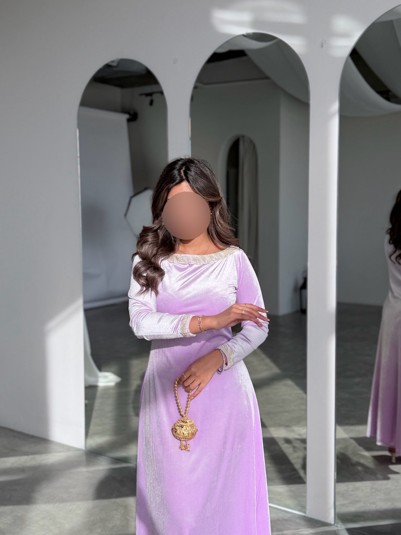 MWJ031 - جلابية مخمل سترتش موف فاتح و شك كلفة - Aya