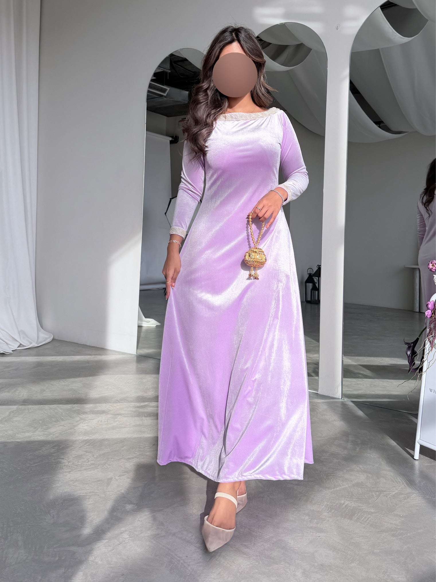 MWJ031 - جلابية مخمل سترتش موف فاتح و شك كلفة - Aya