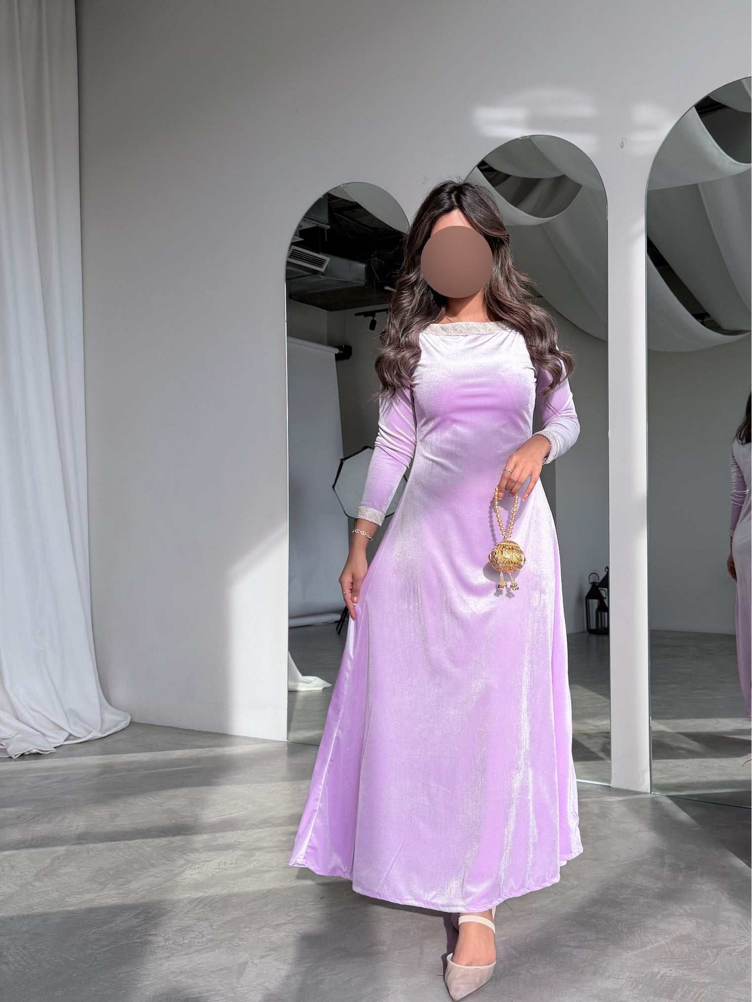 MWJ031 - جلابية مخمل سترتش موف فاتح و شك كلفة - Aya