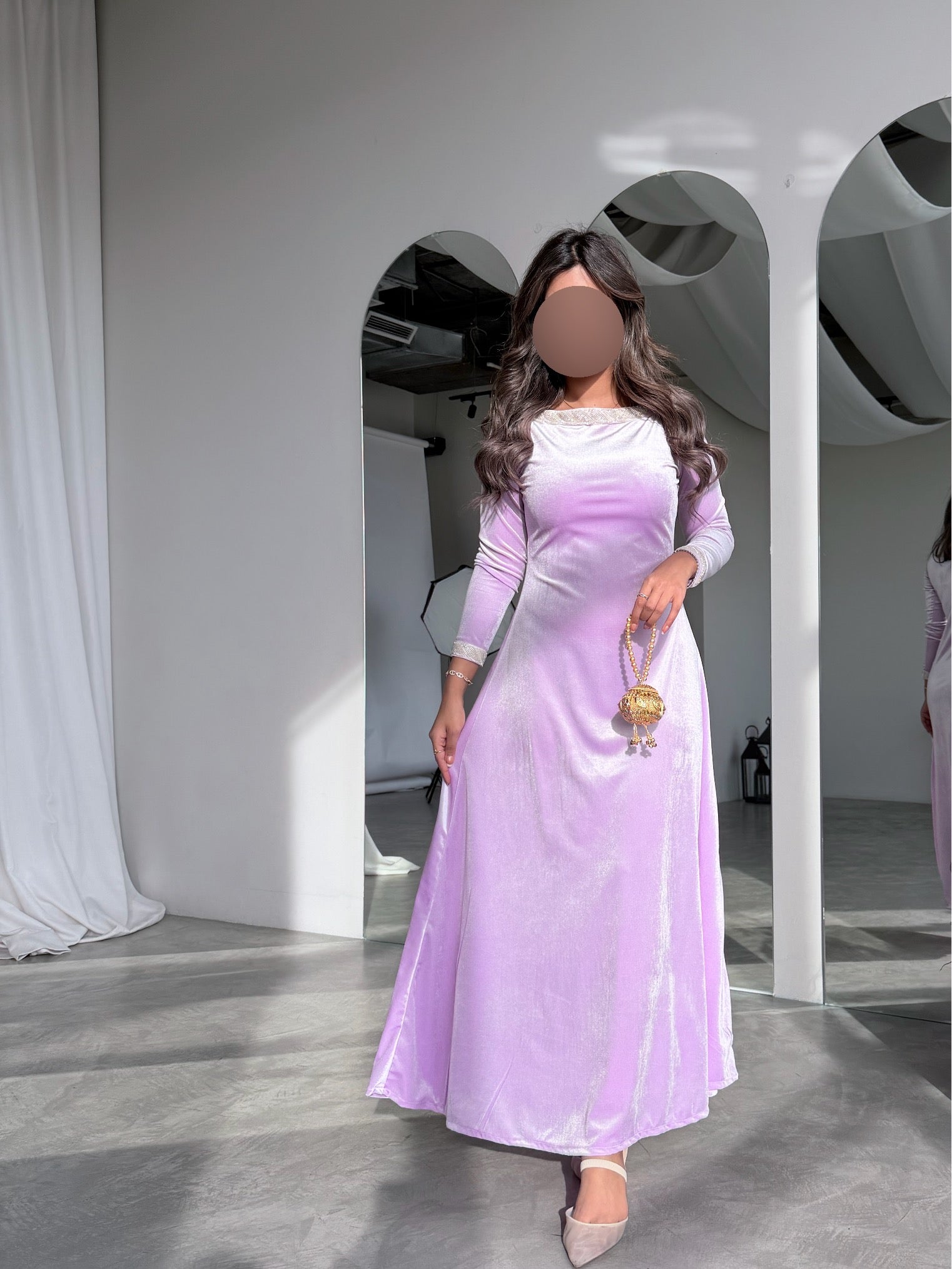 MWJ031 - جلابية مخمل سترتش موف فاتح و شك كلفة - Aya