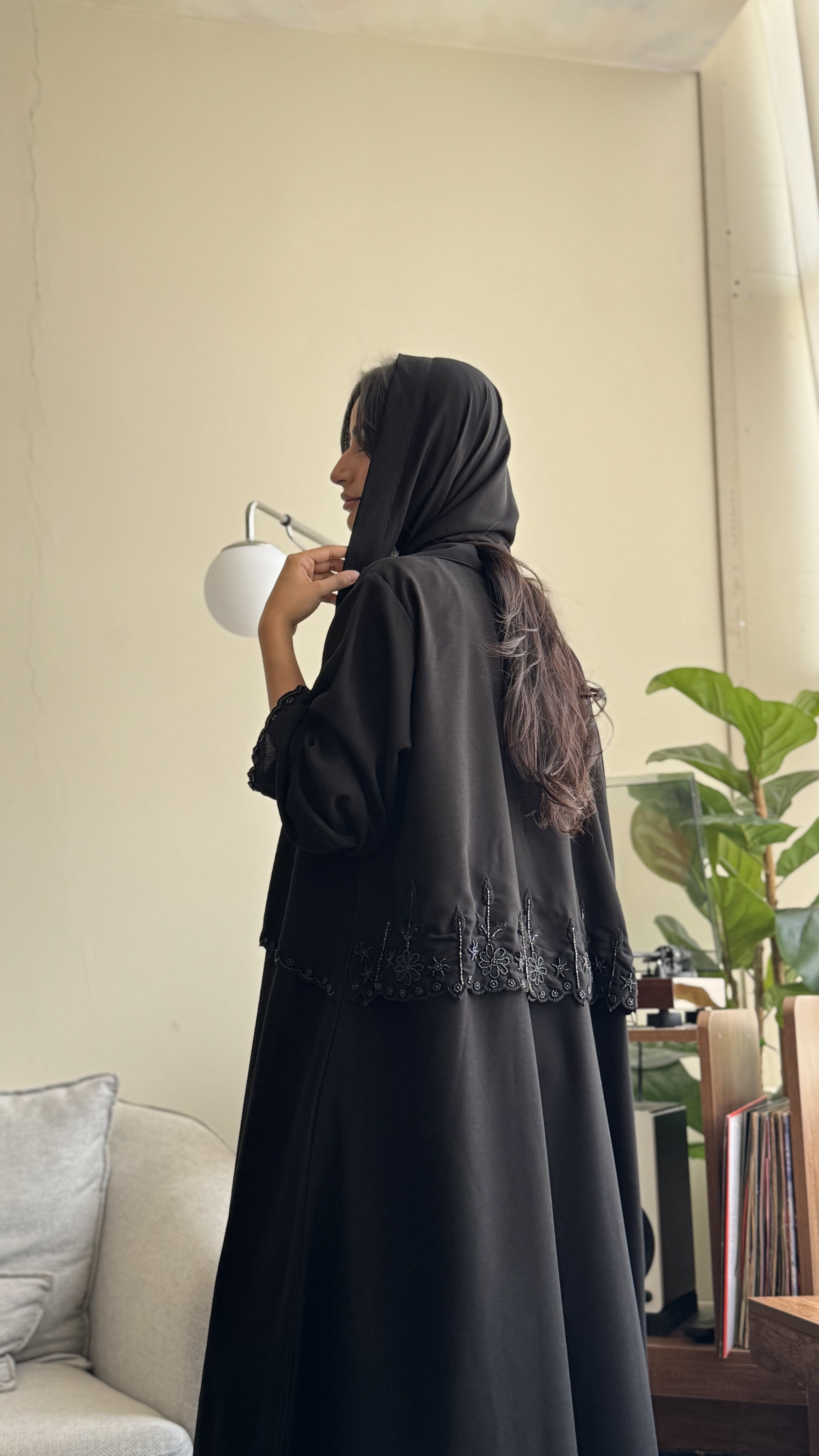 MW1635 - عباية سوداء بتطريز أسود | Black Abaya with Black Embroidery - Aya