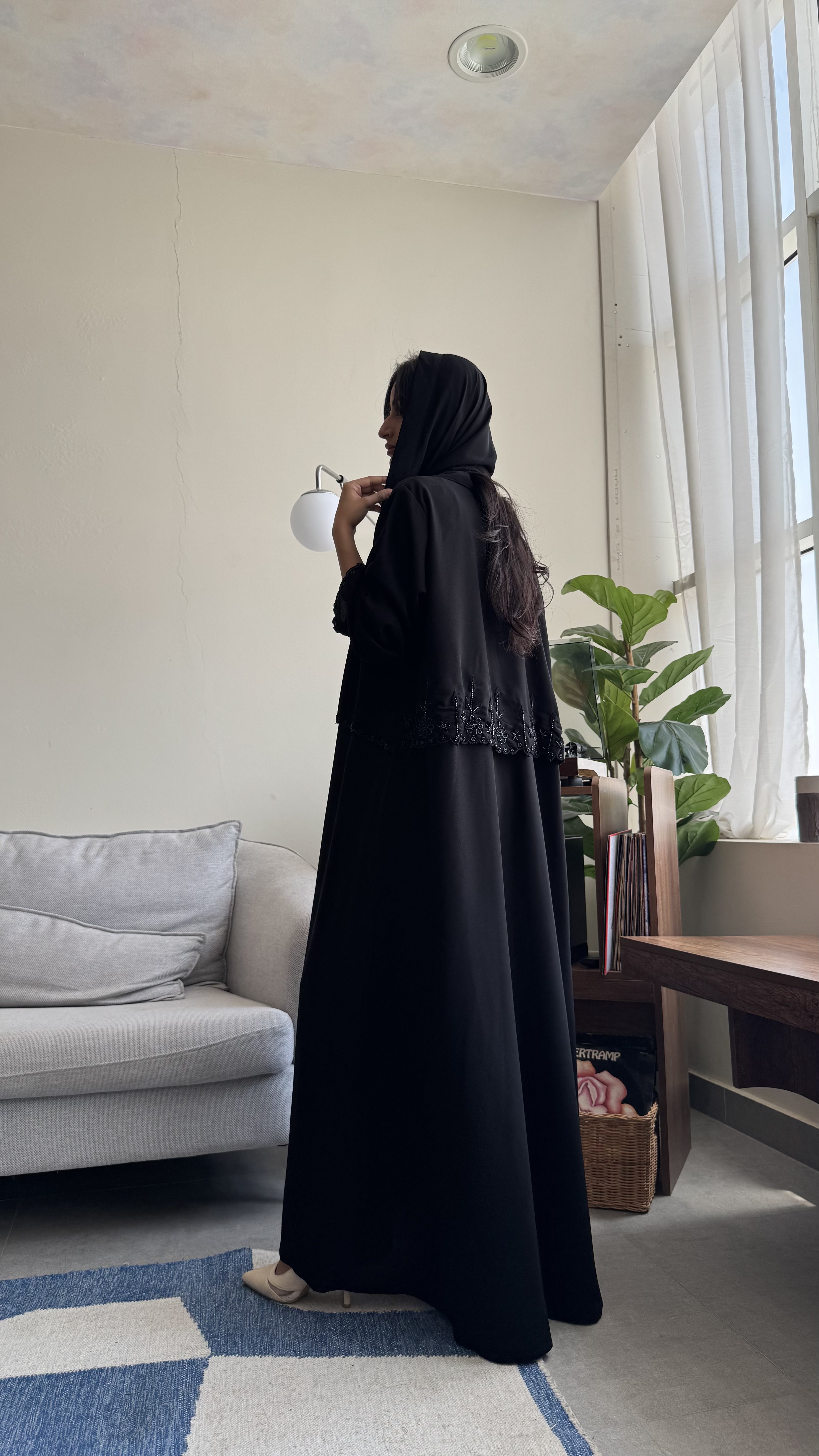 MW1635 - عباية سوداء بتطريز أسود | Black Abaya with Black Embroidery - Aya