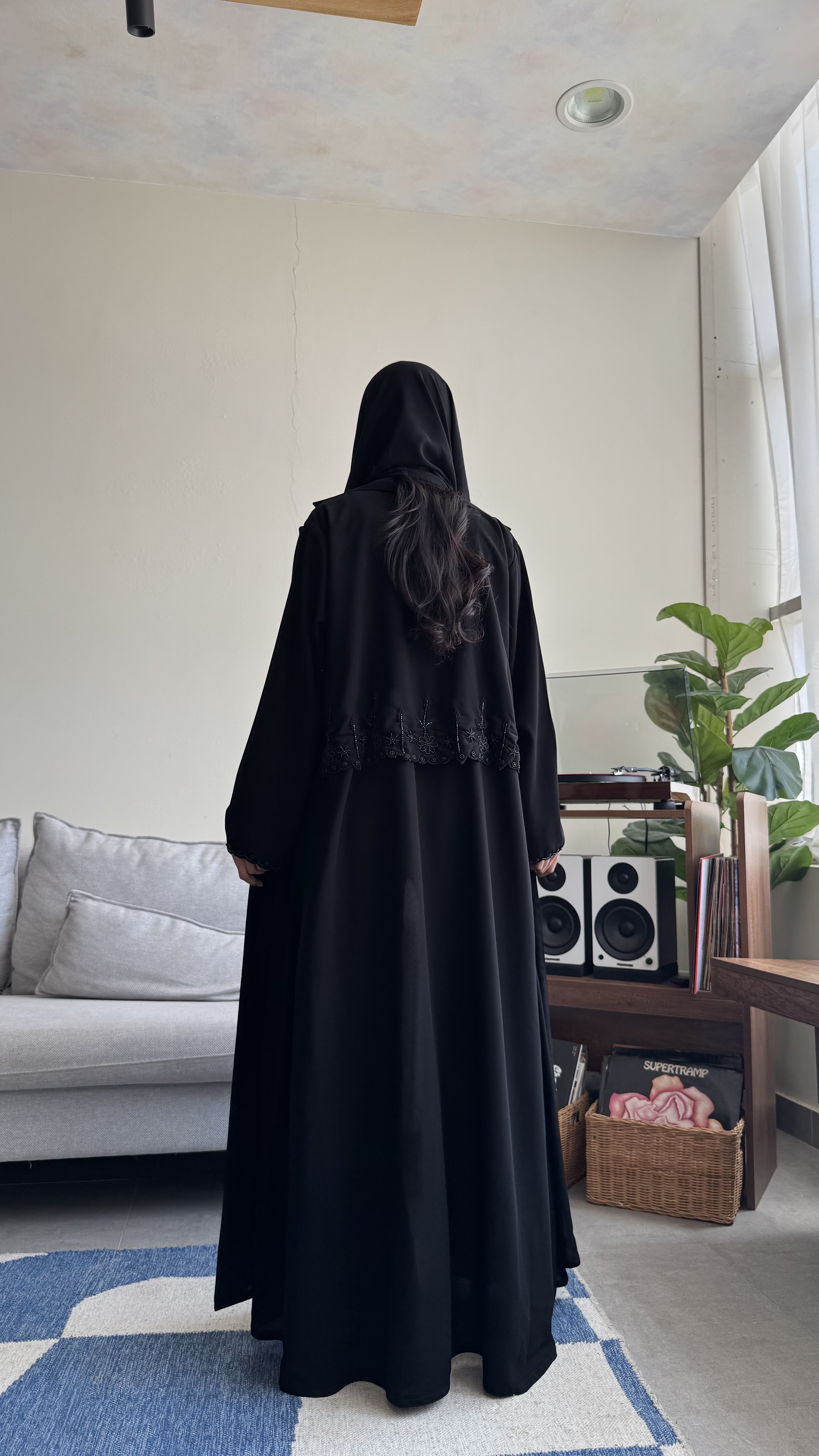 MW1635 - عباية سوداء بتطريز أسود | Black Abaya with Black Embroidery - Aya