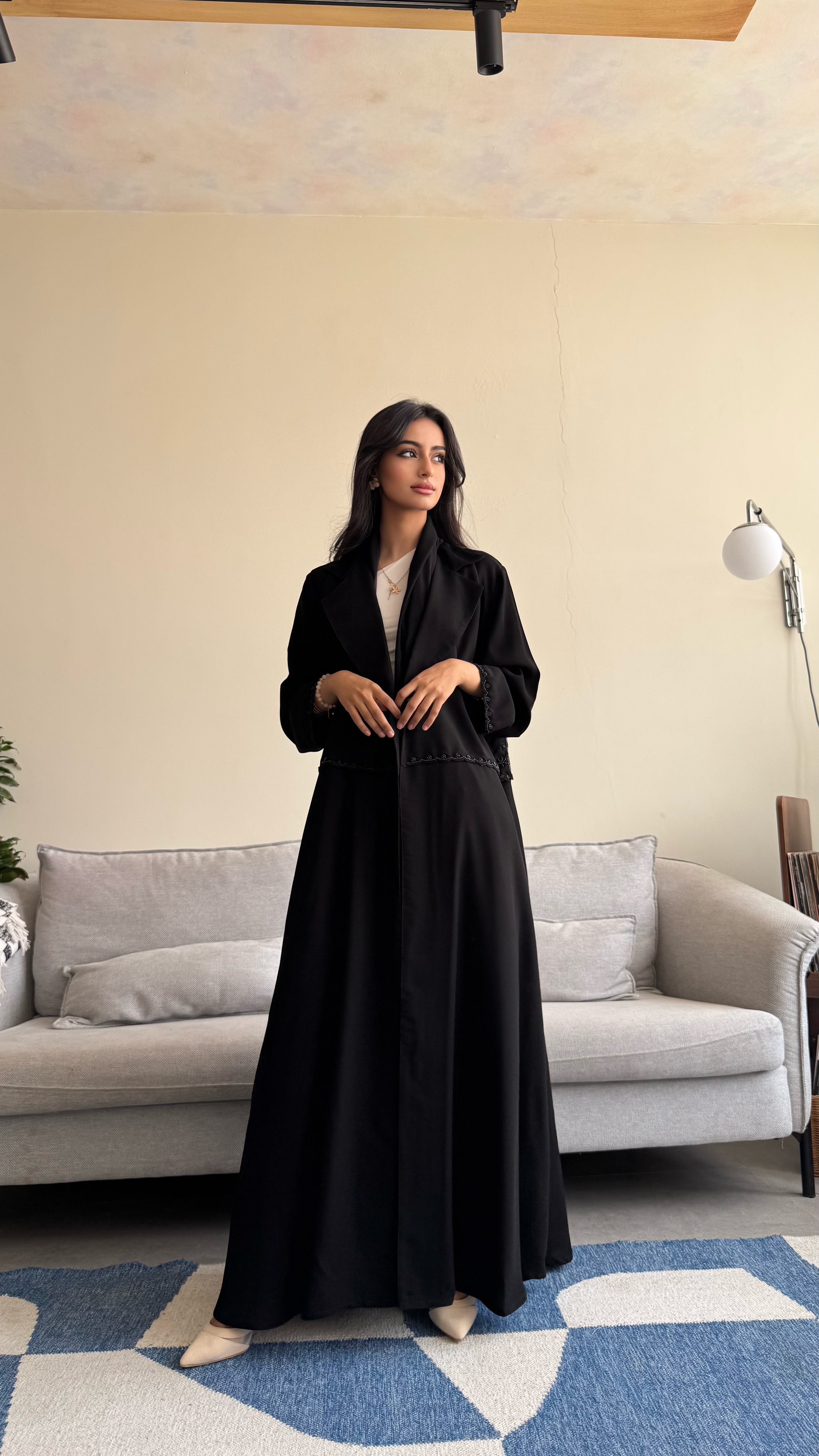 MW1635 - عباية سوداء بتطريز أسود | Black Abaya with Black Embroidery - Aya