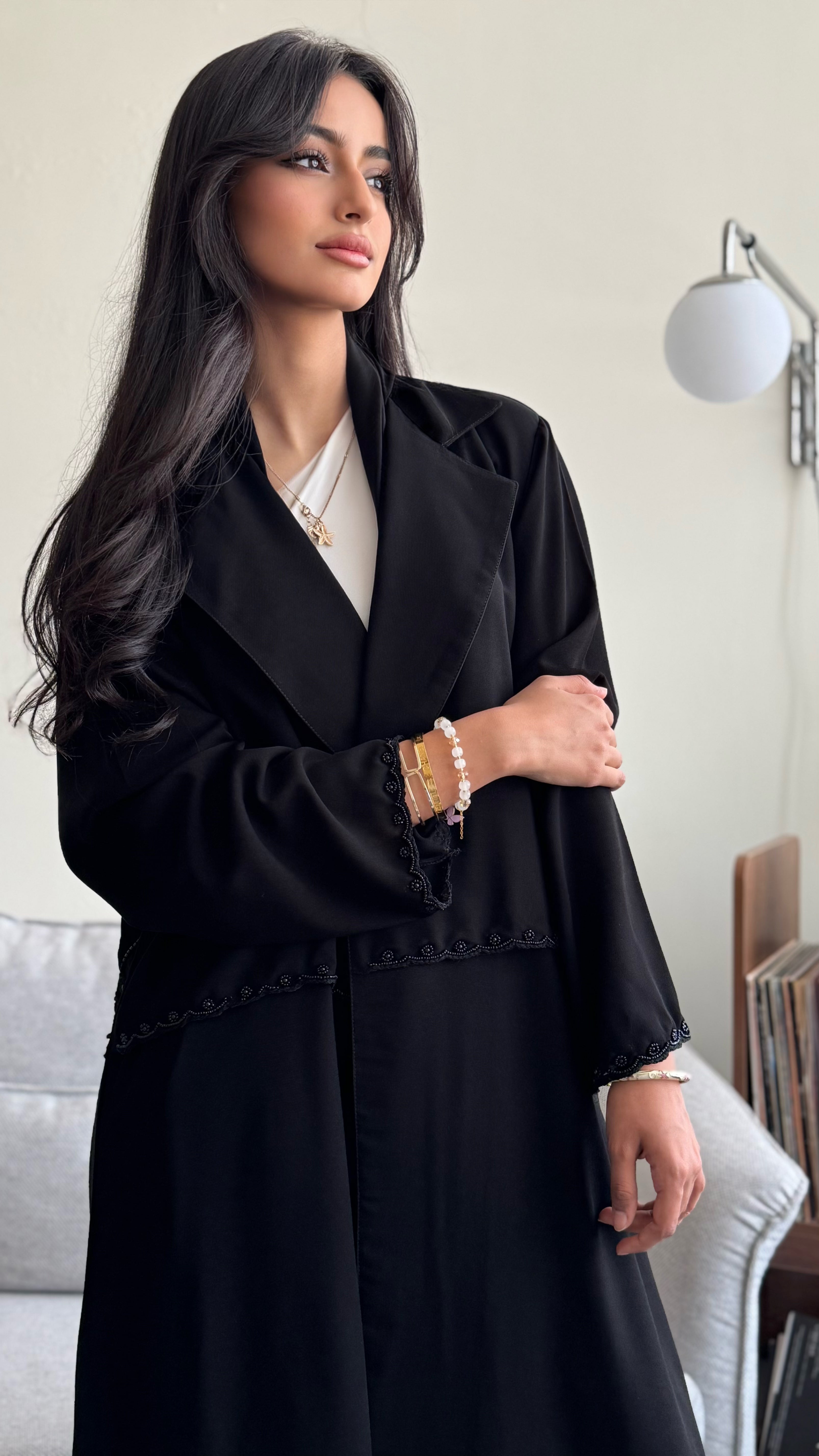 MW1635 - عباية سوداء بتطريز أسود | Black Abaya with Black Embroidery - Aya