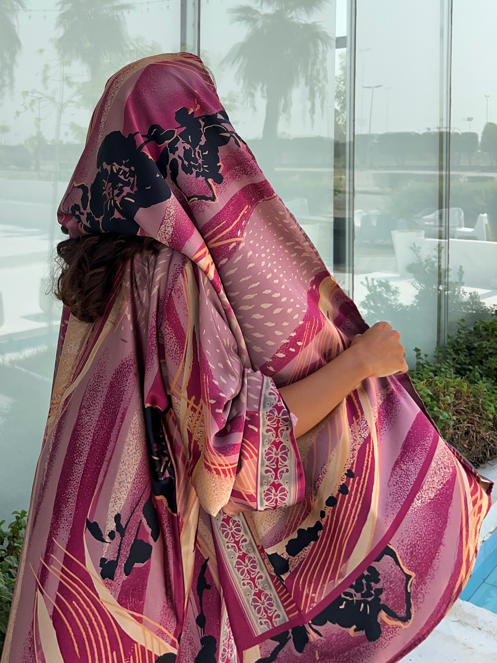 MW1614 - عباية مطبوعة حرير جاكار - Pink Jacquard - Aya