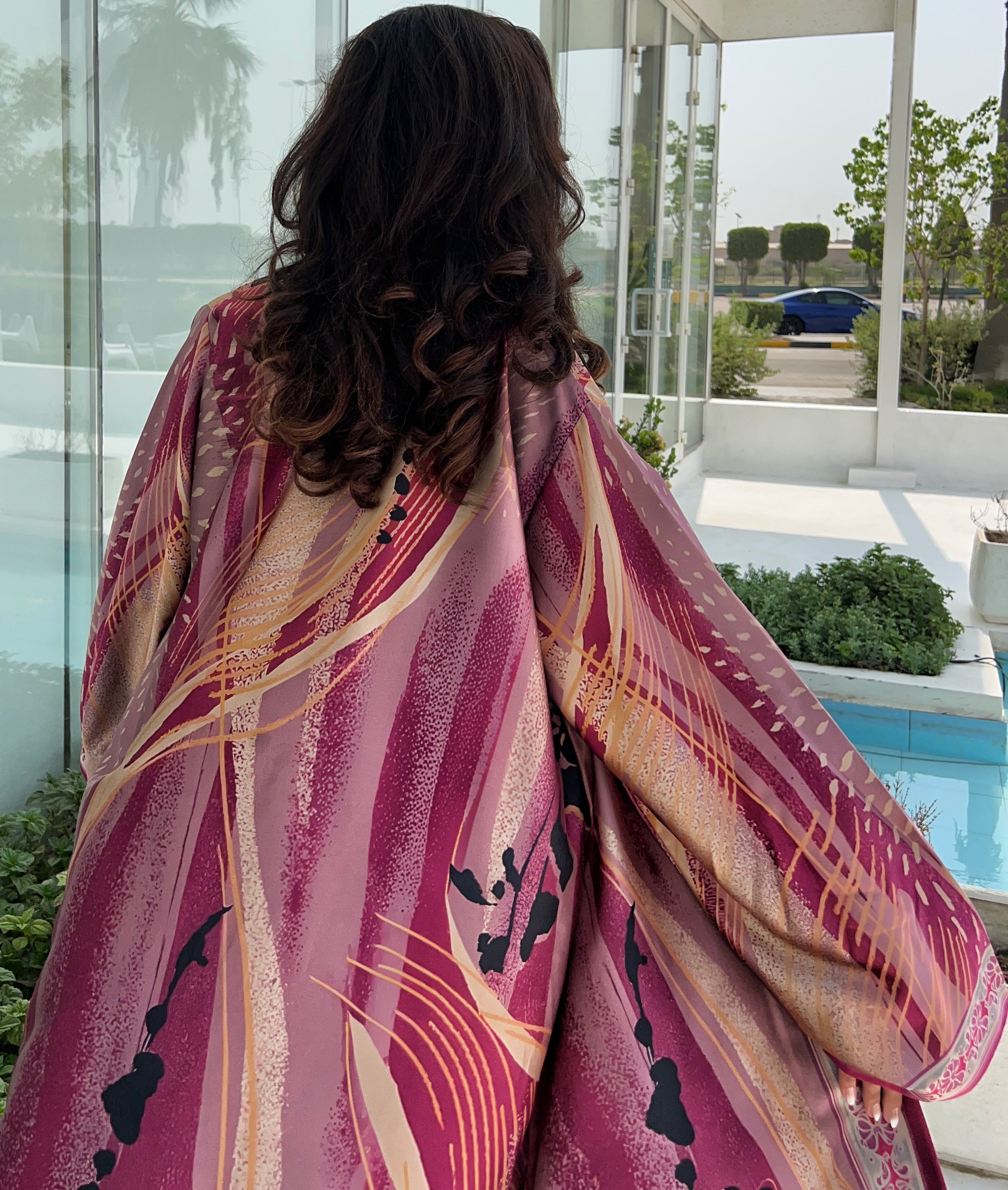 MW1614 - عباية مطبوعة حرير جاكار - Pink Jacquard - Aya