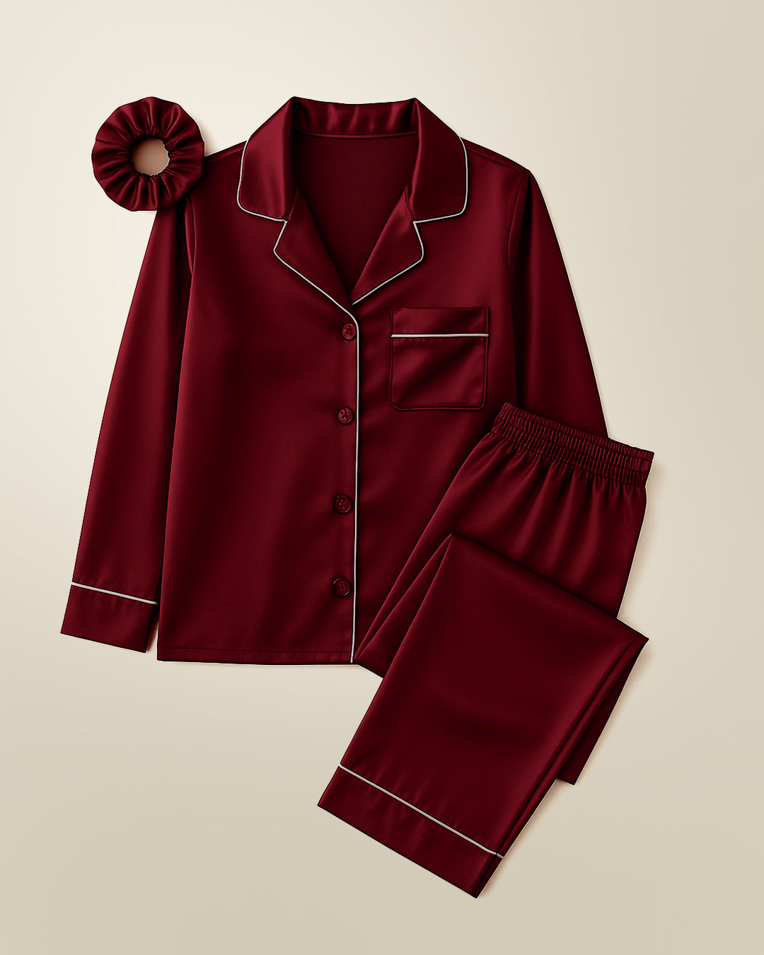 MWP04 -Button Down Silk PJ Sets with Free Scrunchie- Maroon - | طقم بجامة حرير - عنابي (ربطة شعر مجانية)