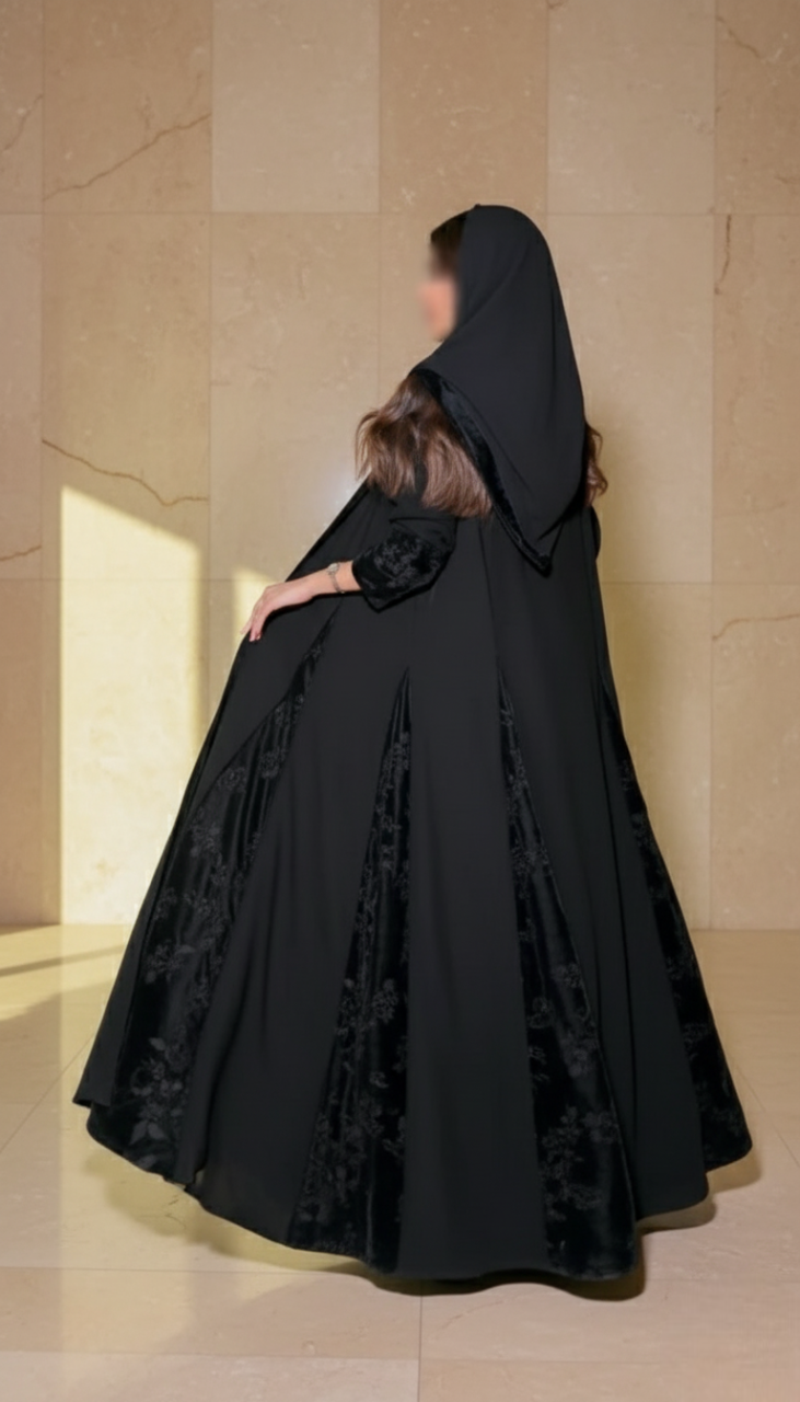 MWT901 - عباية كلوش سيراميك بمخمل مطرز بالورد - Aya