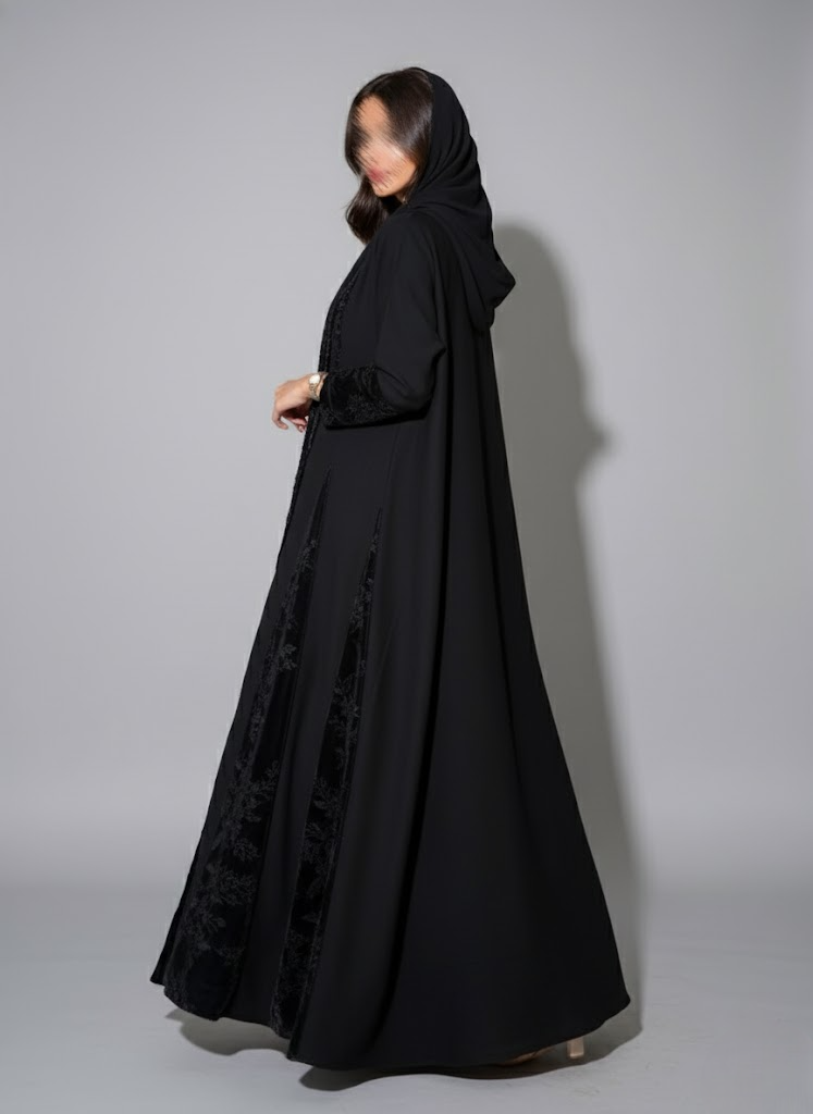 MWT901 - عباية كلوش سيراميك بمخمل مطرز بالورد - Aya