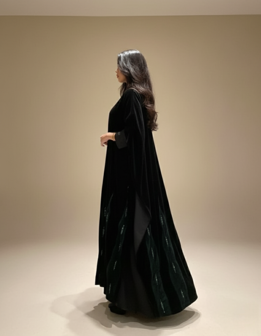 MWT904 - عباية سوداء نص كلوش مع بشت مخمل - Aya