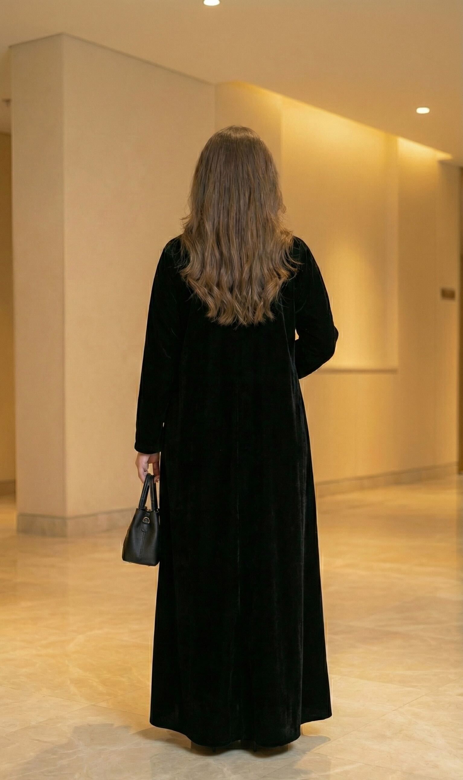 MWT906 - عباية مخمل مع تطريز ورد أسود - Aya