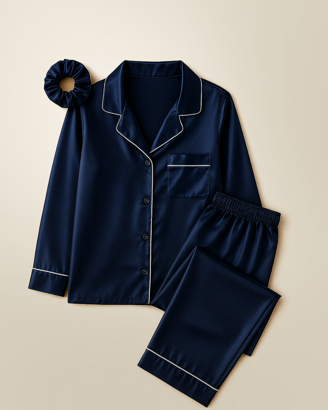 MWP02 -Button Down Silk PJ Sets with Free Scrunchie- Navy Blue | طقم بجامة حرير - كحلي (ربطة شعر مجانية)