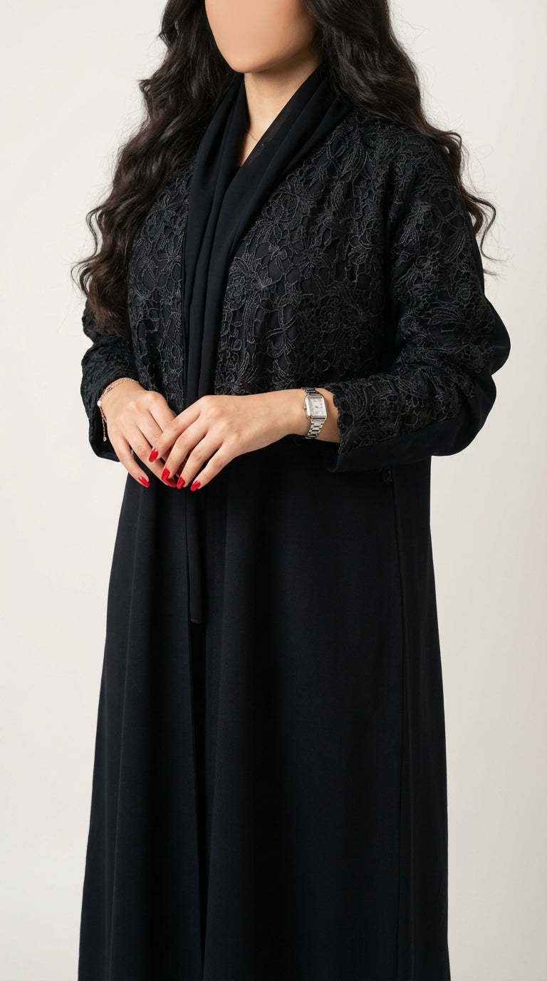 عباية اسود بتدخله دانتيل بالامام - Image 2