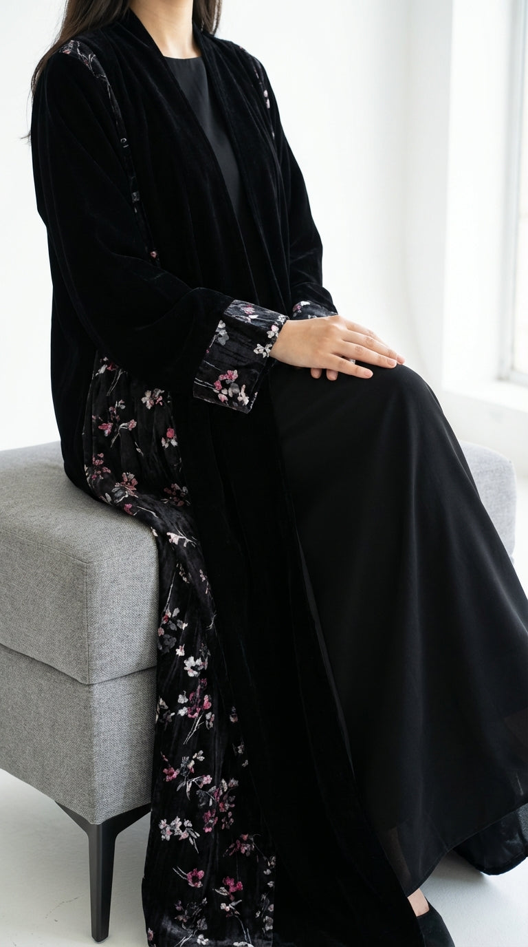 عباية مخمل مطرز ورود - Image 3