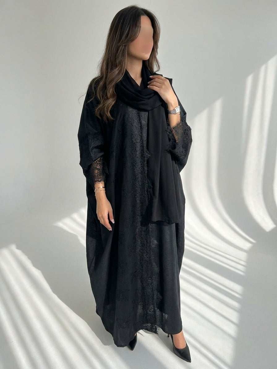 عباية قماش لينن مع دانتيل - Image 1