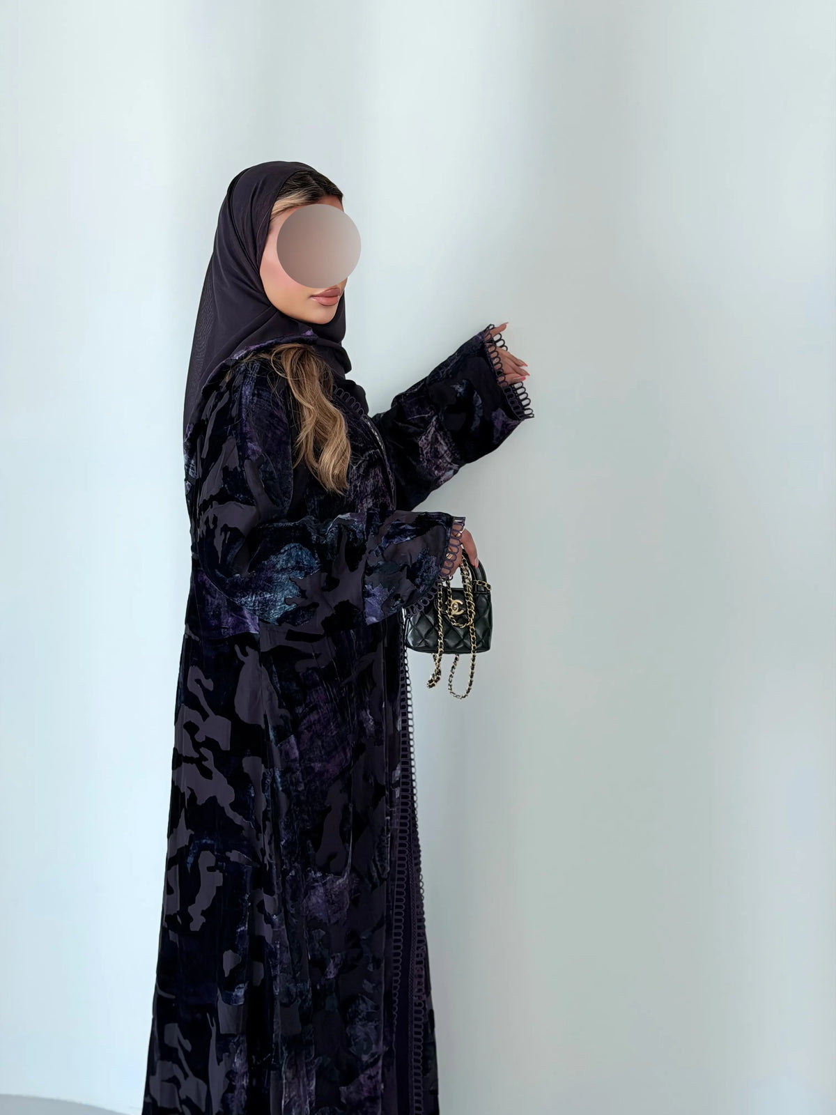 MWT5286 - عباية شيفون مخمل بنفسجي مبطنة و كلفة ناعمة بنفسجي - Aya