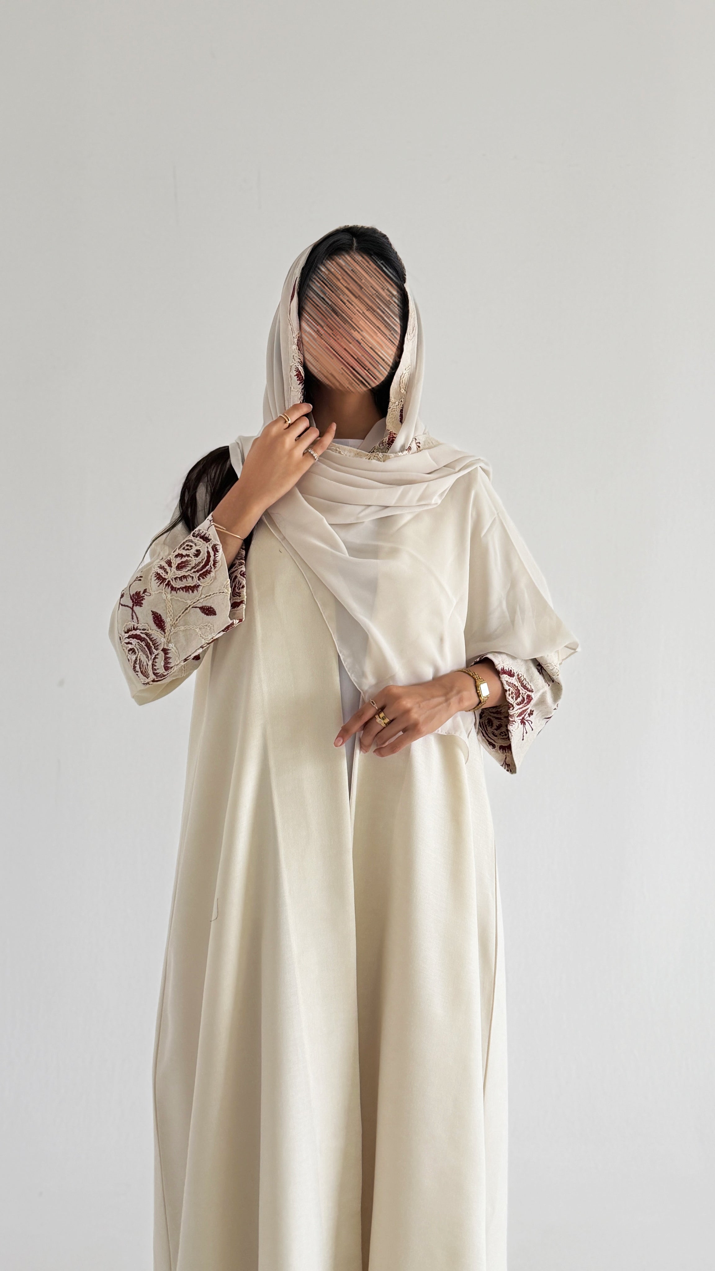 MW2152 - عبايه لنن نص كلوش مع اضافه لنن مطرز بالاكمام حصرية - Aya