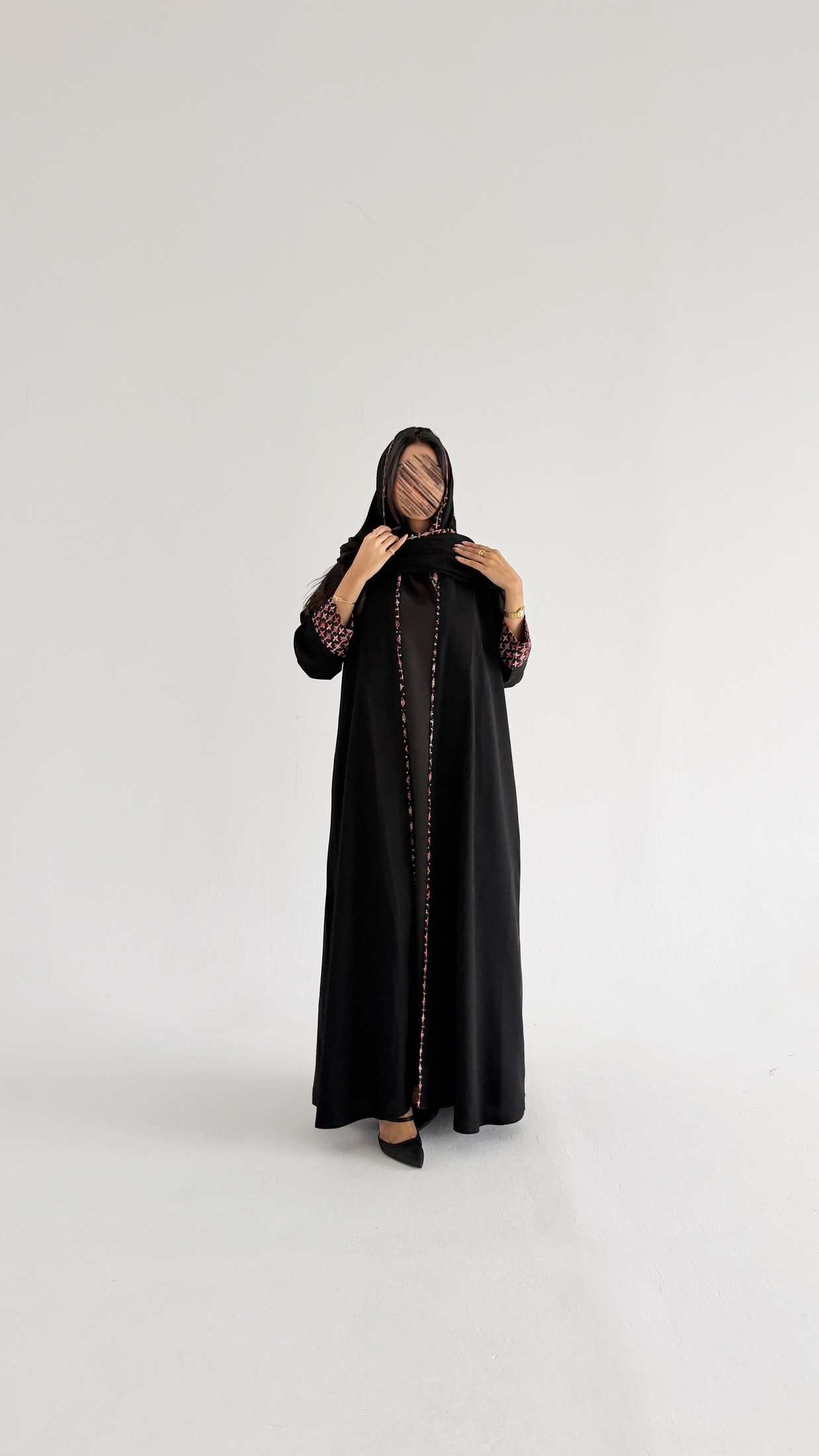 MWT5060 - عباية كريب اسود مع قماش برتقالي قيطان - Aya