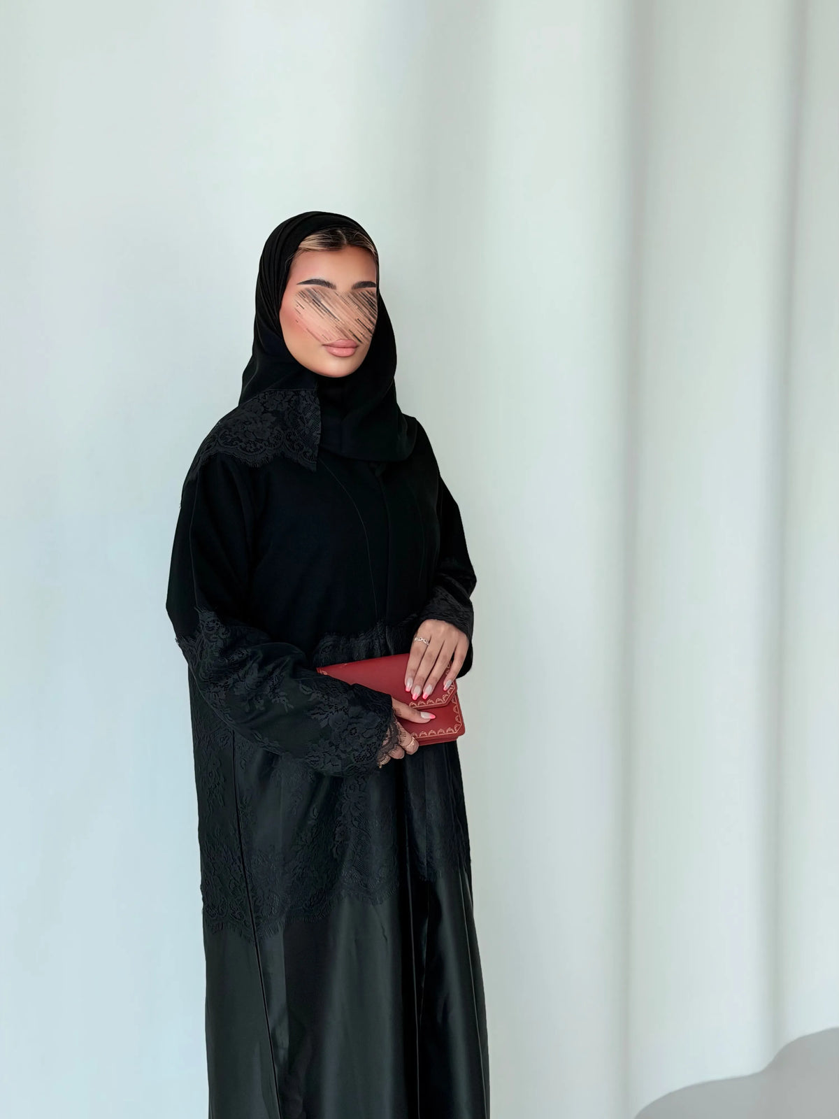 MW456  -  عباية سوداء واقفة رسمية بتدخيلة دانتيل - Aya