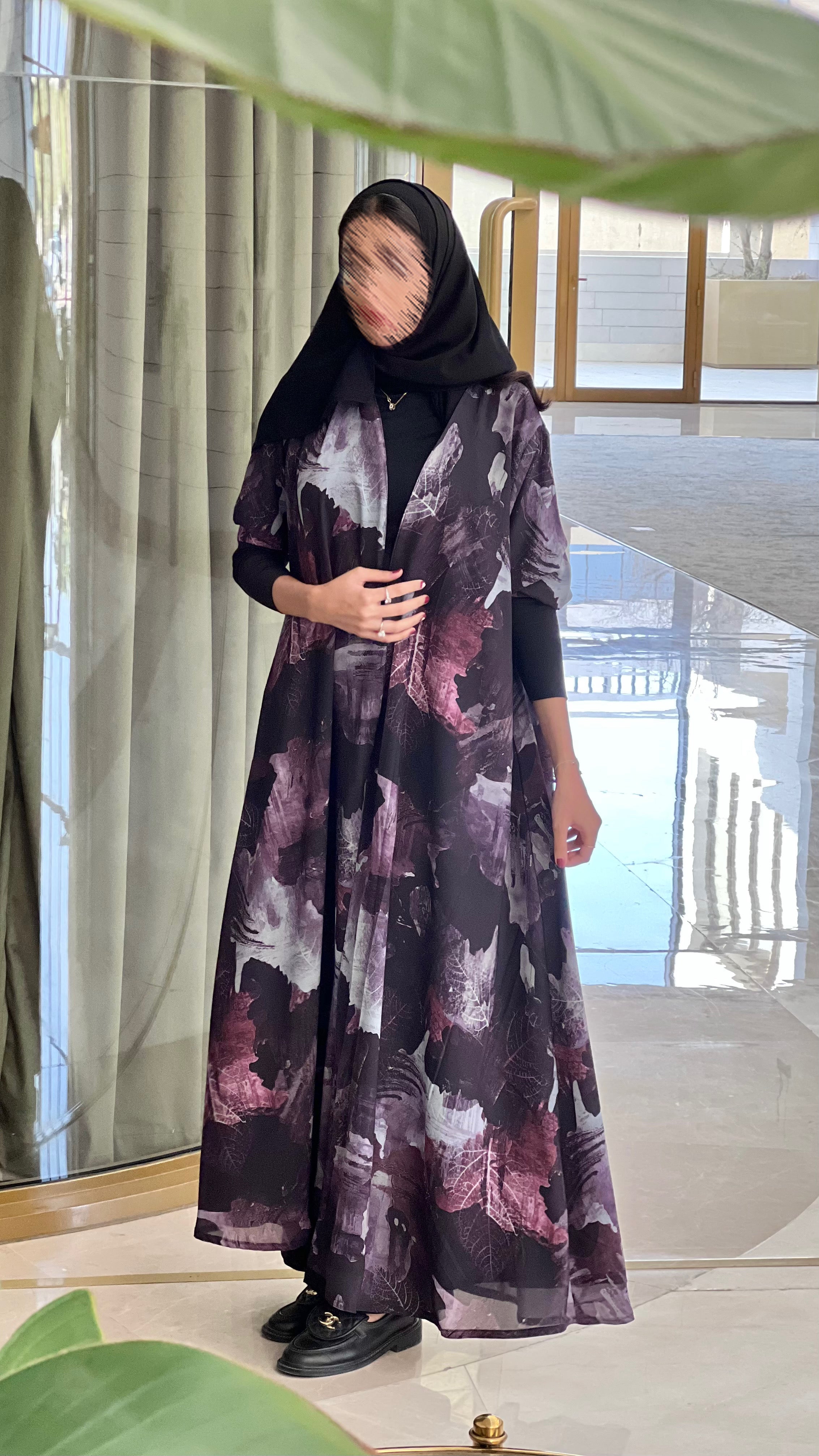 MW1697 - عباية نص كلوش مشجرة مبطن مع اكمام استرتش - Aya