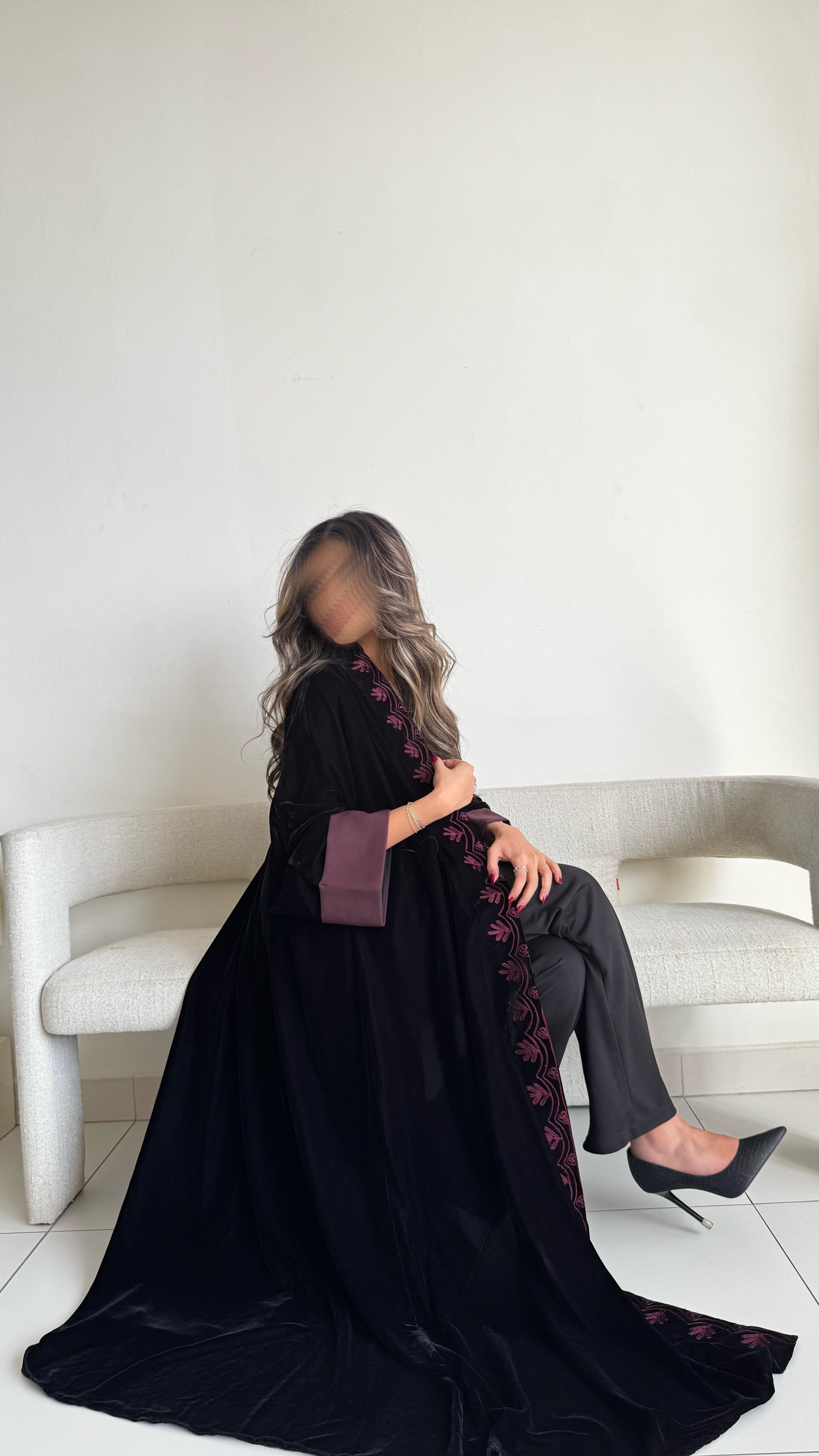 MWT361 - عباية مخمل تطريز عنابي - Aya