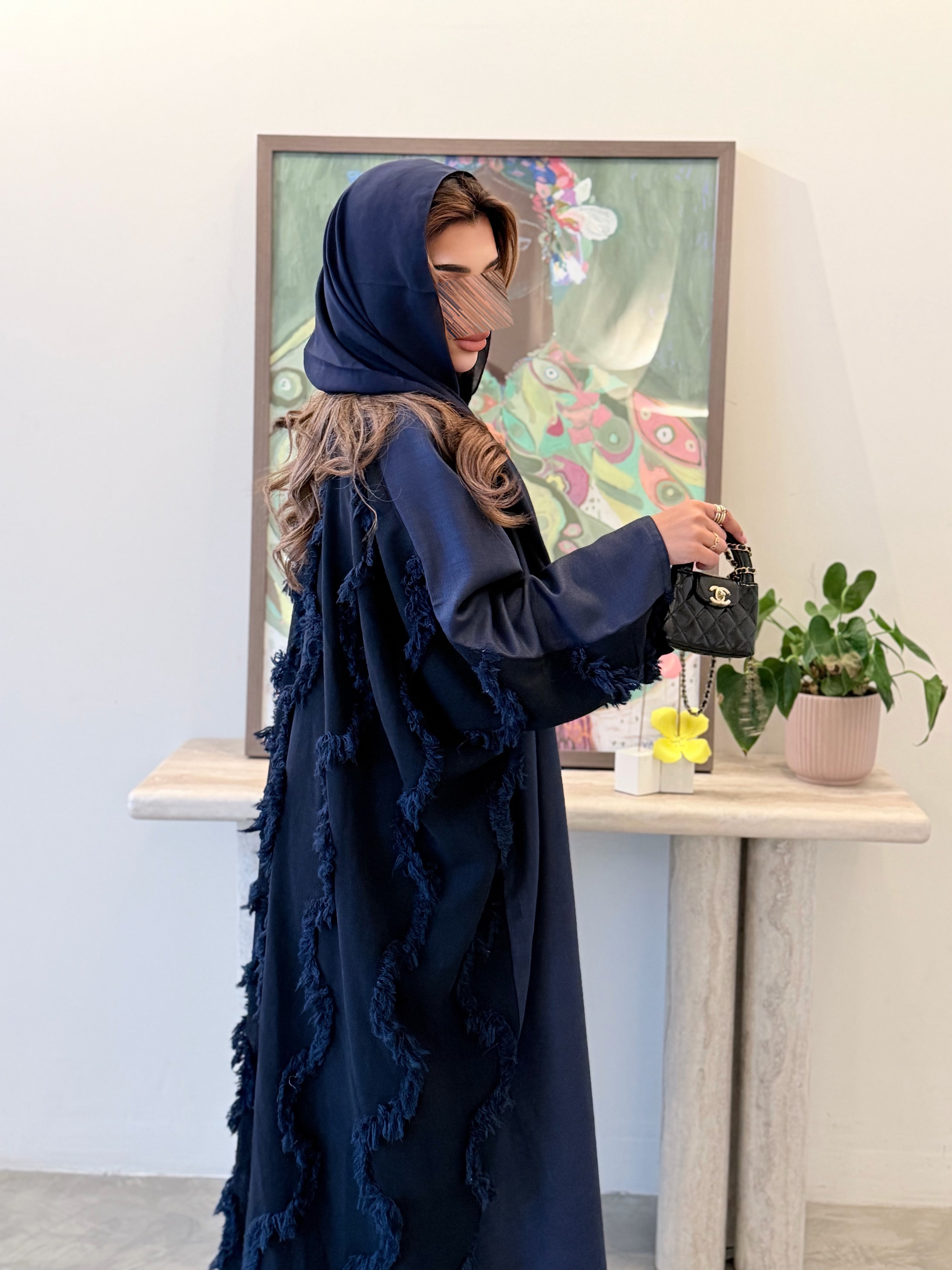 MWT5041 - قماش لينن كحلي ساده من الأمام مع كحلي هدب من الخلف قص نص كلوش - Aya