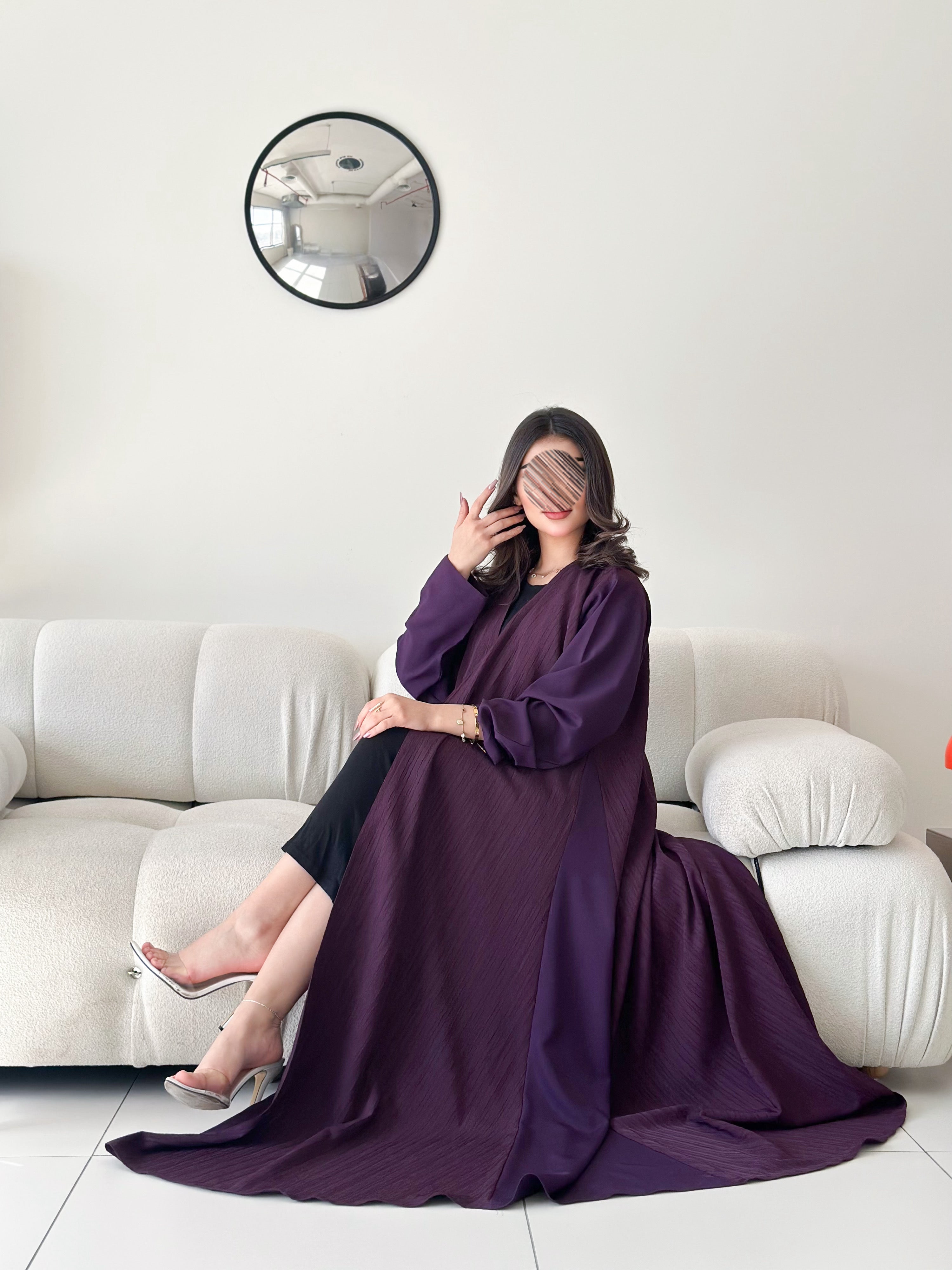 MW2116 -  عباية كريب بقصة نص كلوش مع اضافه جاكار  عصرية - Aya