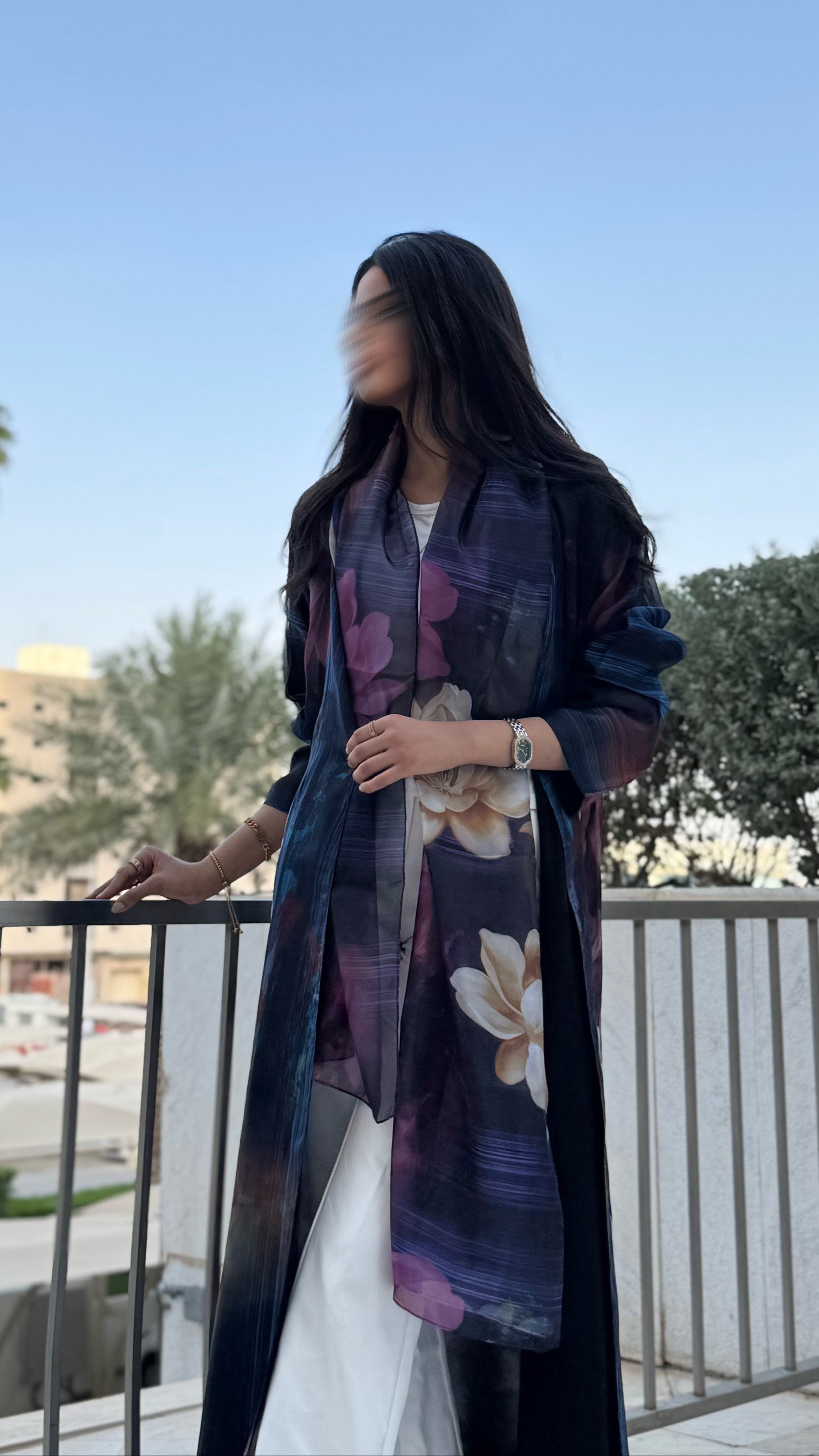 MW1562 -  عباية اورجنزه بنفسجي | Organza printed abaya - Aya