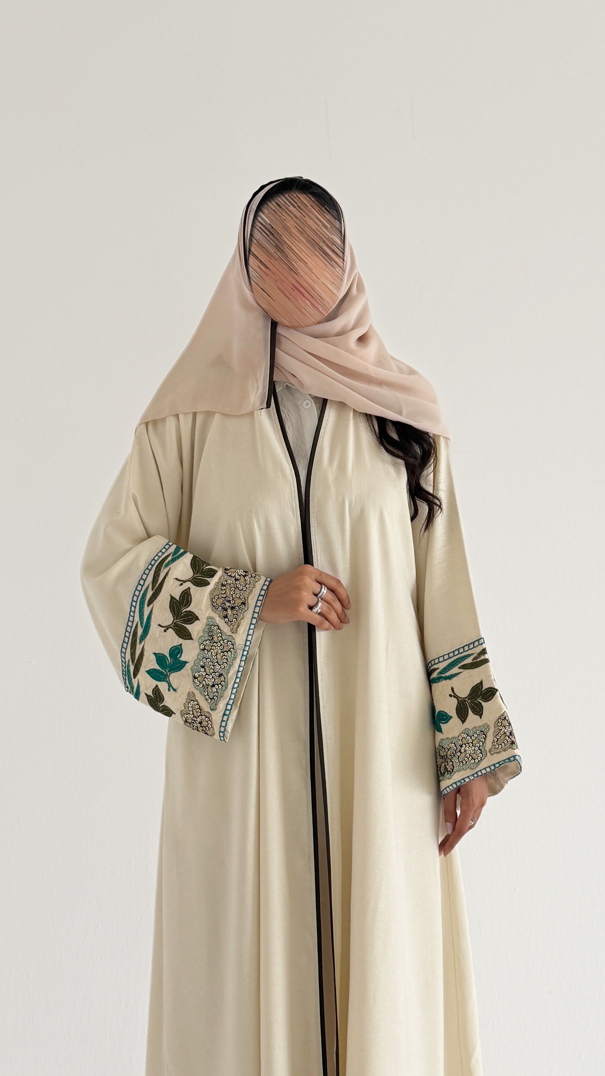 MWT2038 -  عباية لنن مع كلفة تطريز بقيطان زيتية - Aya