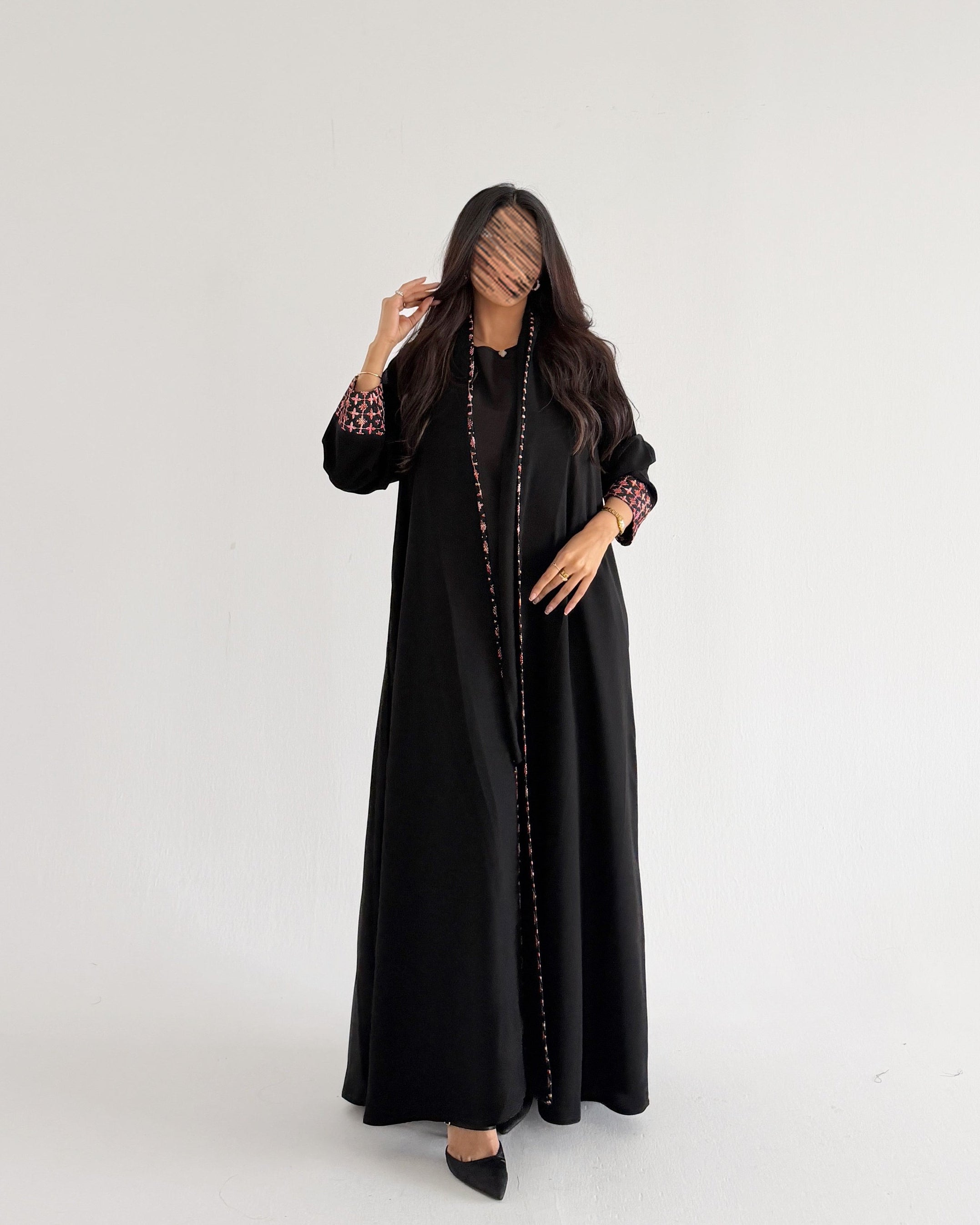 MWT5060 - عباية كريب اسود مع قماش برتقالي قيطان - Aya