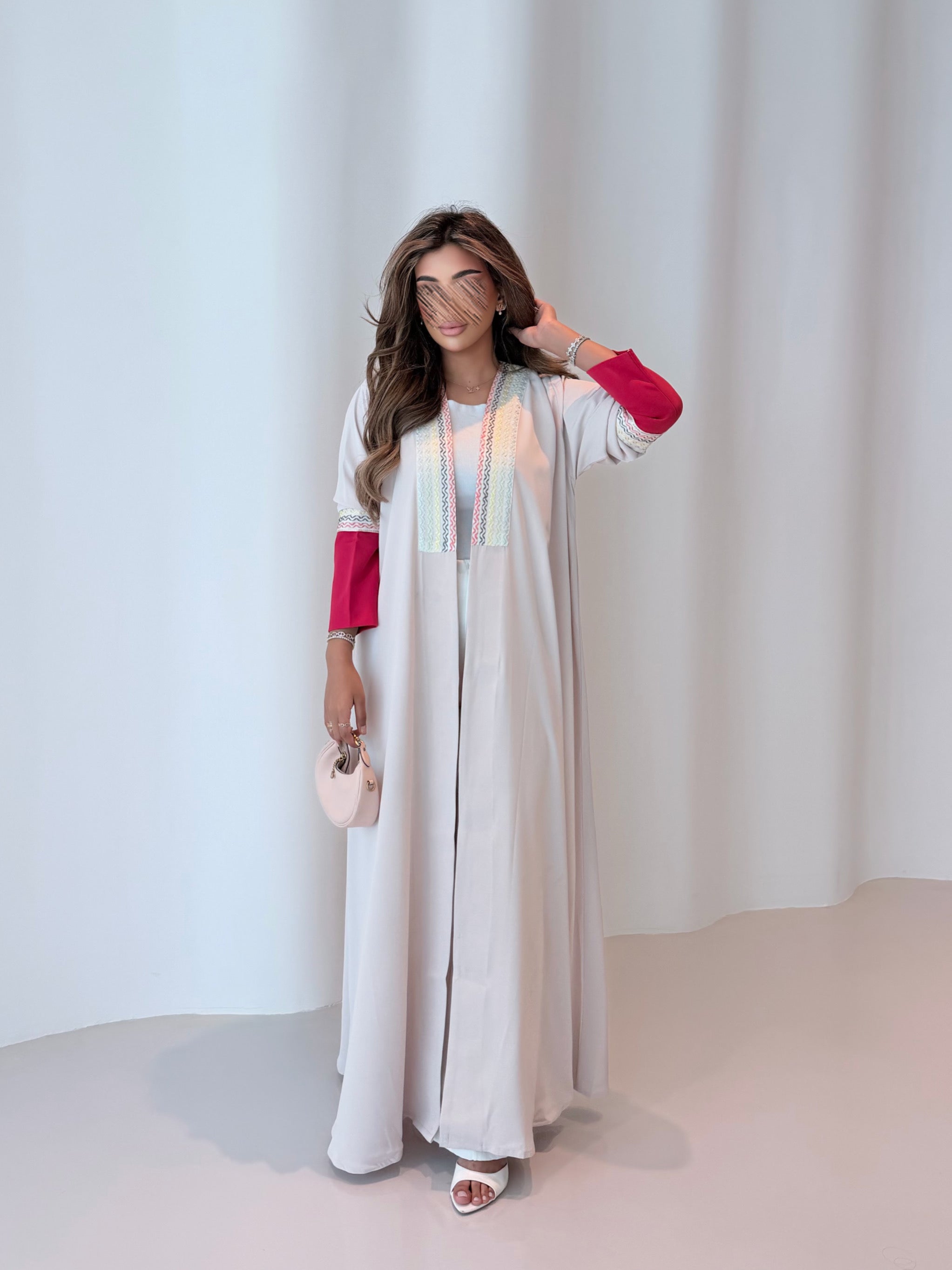 MWT5092 - قماش كريب بيج مع أكمام ستريتس وردي - Aya