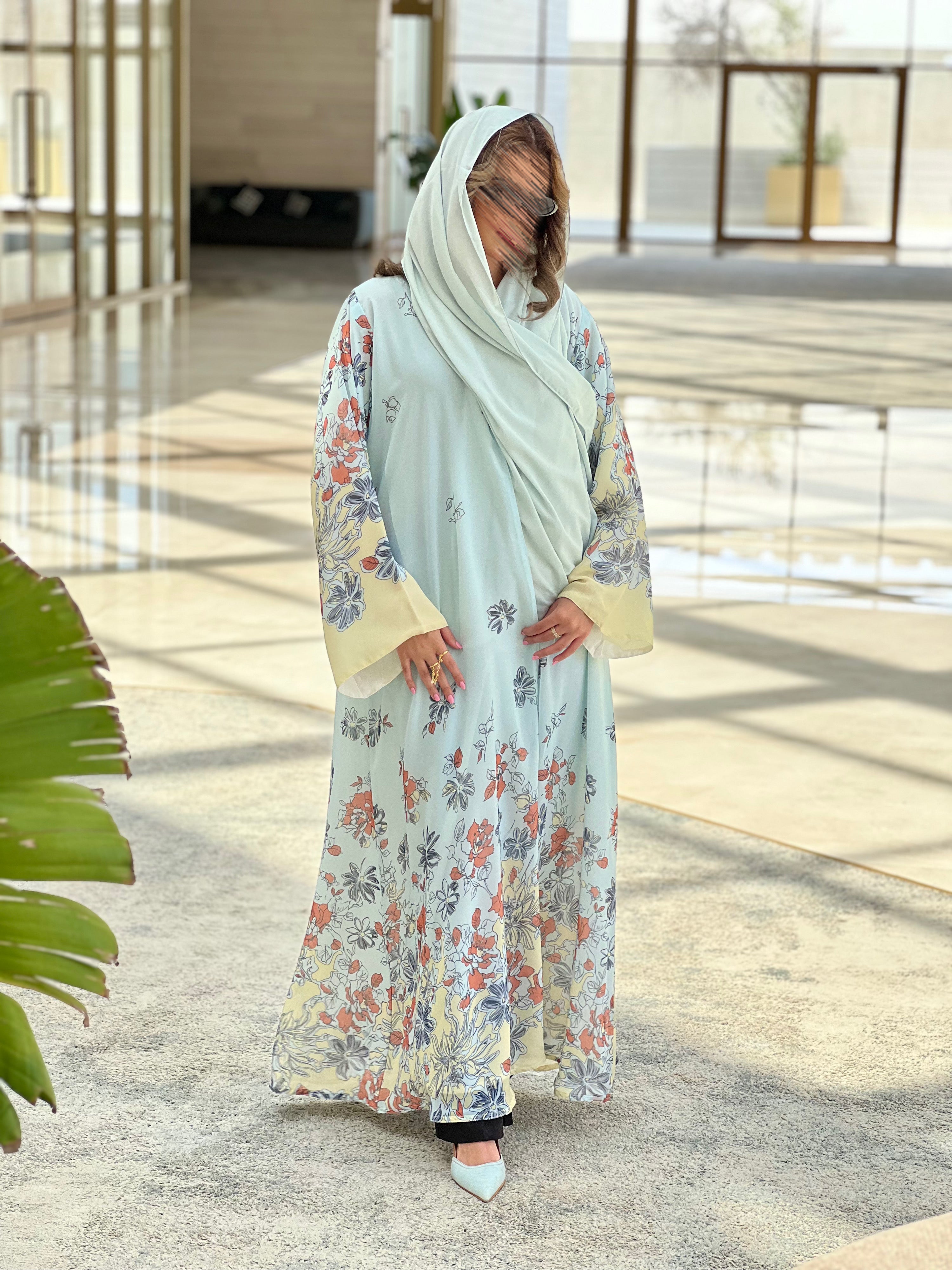 MWT328 - عباية طباعة شيفون ملون اصفر - Aya