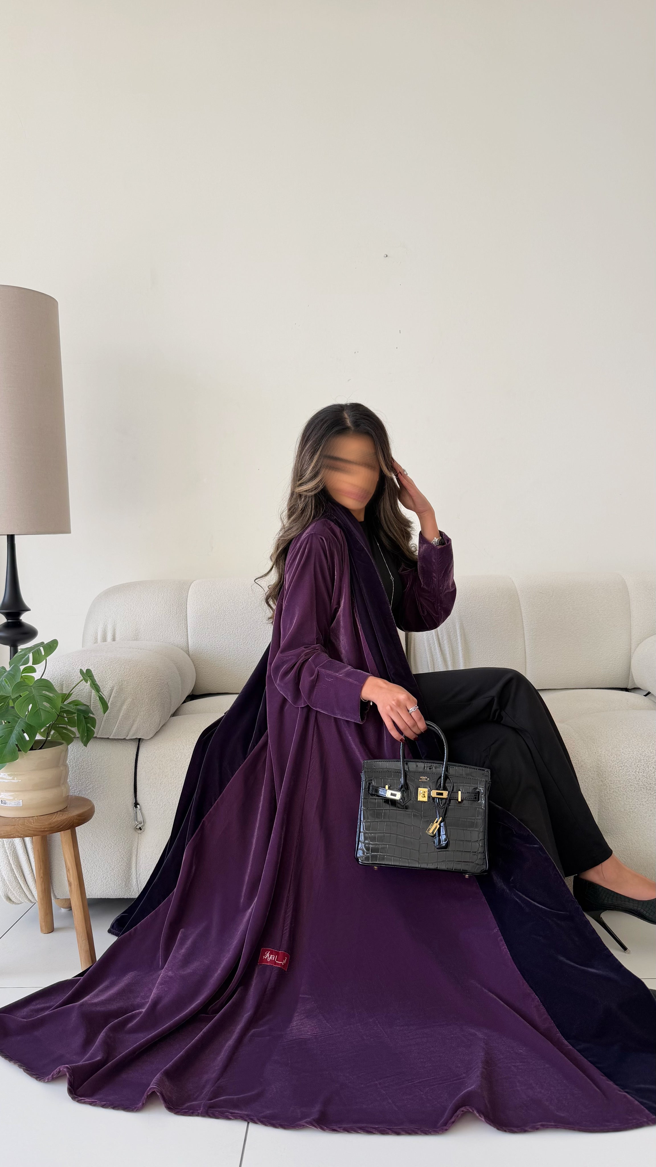 MWT599 - Velvet abaya in light and dark purple  | عباية مخمل موف غامق وموف فاتح - Aya