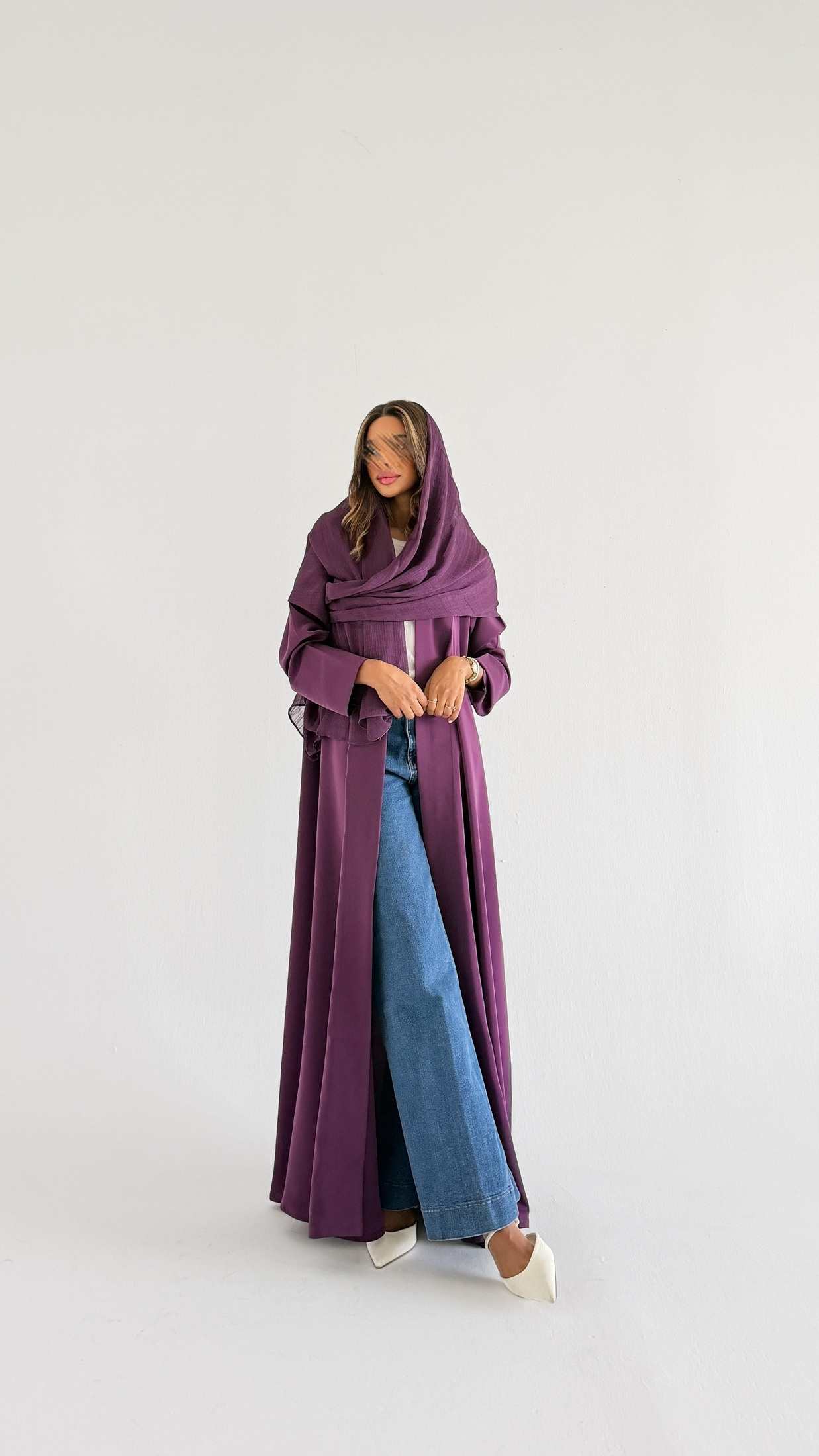 MWT1235 - عبايه ساده مع طرحه لينن - Aya