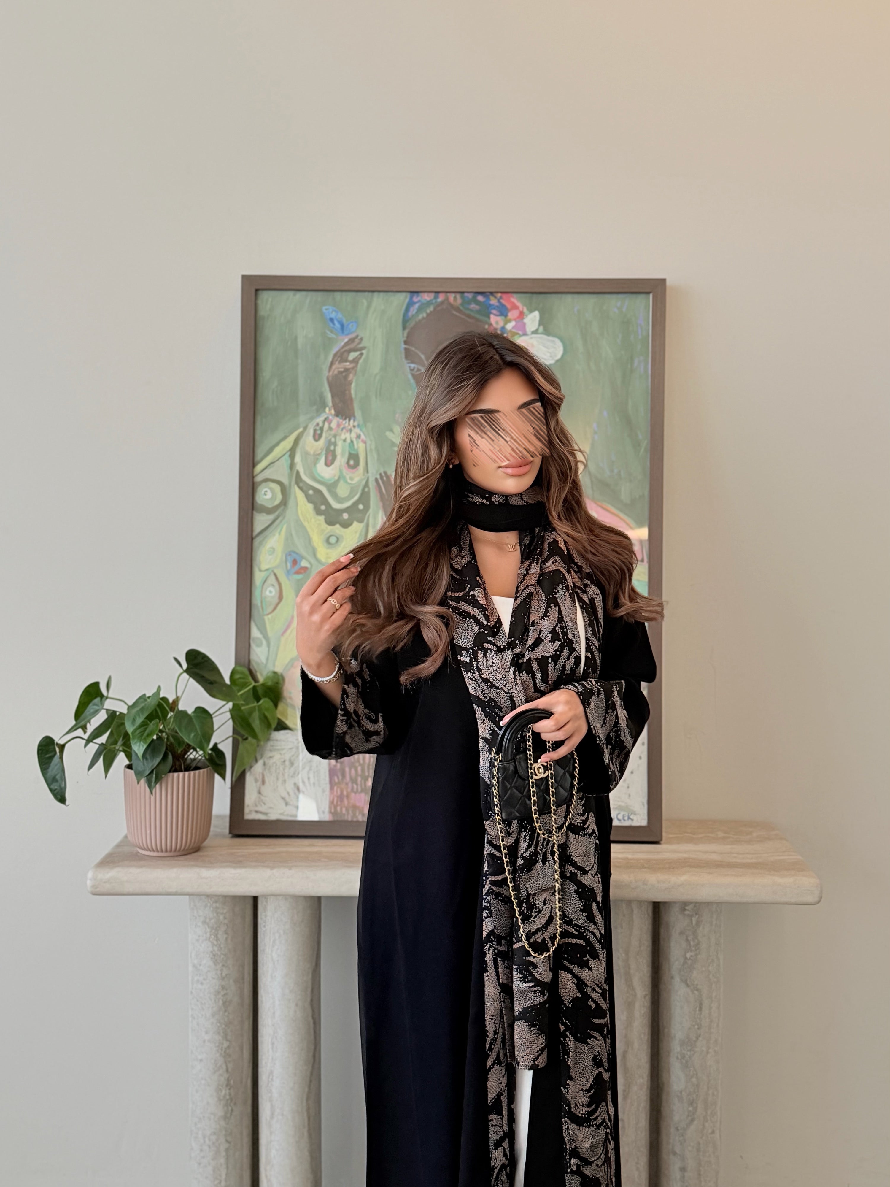 MWT5029 - قماش كريب اسود مع شيفون لمعه قصة كلوش - Aya