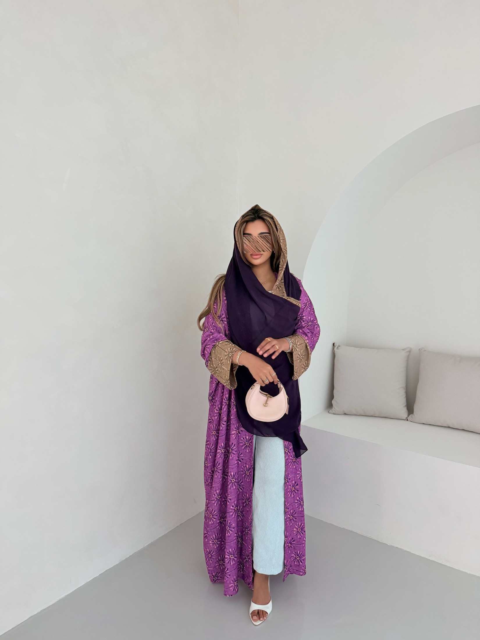 MWT5081 - قماش بنفسجي جورجيت طباعه مع أكمام زيتي طباعه قصة نص بشت - Aya