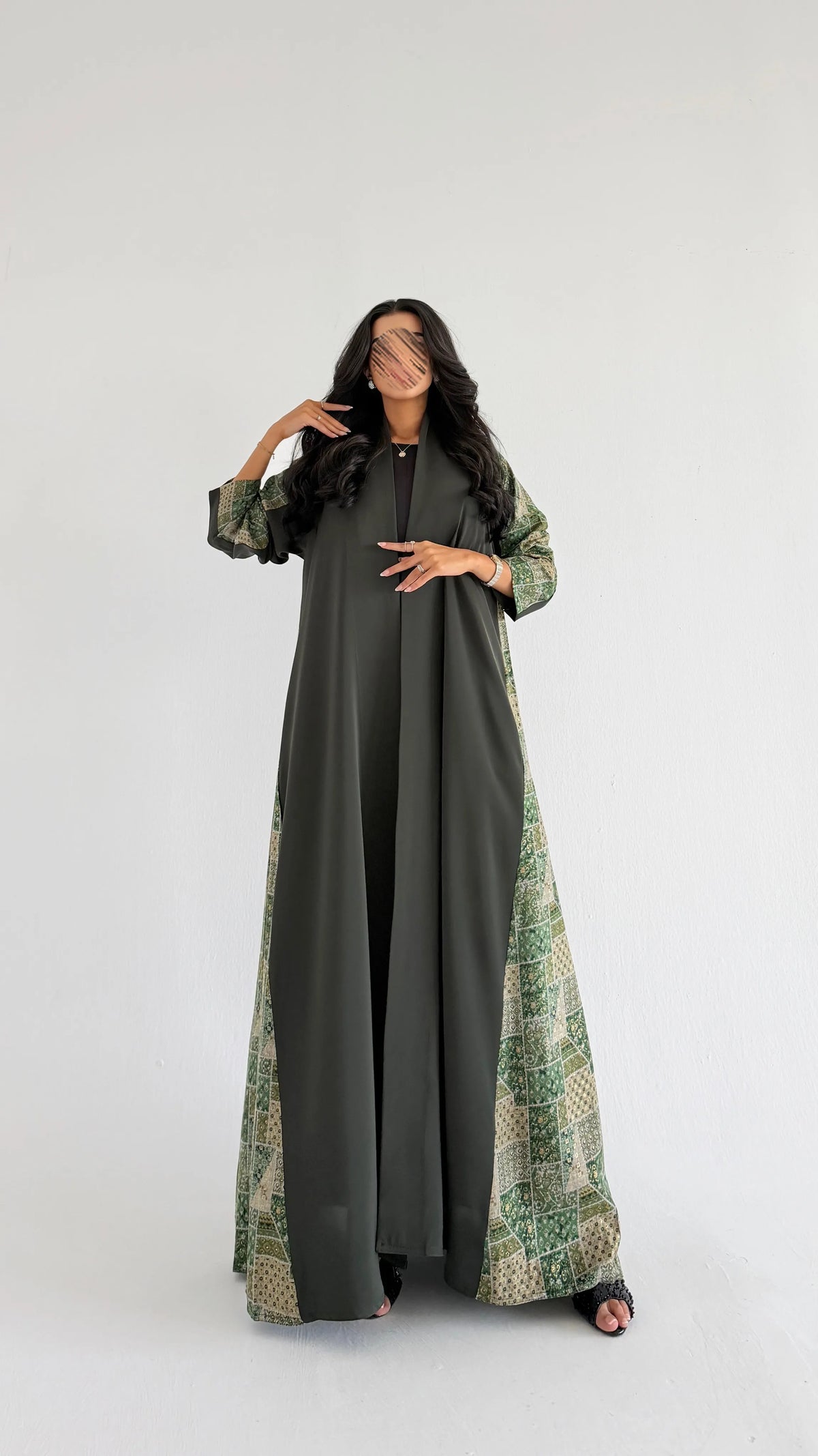 MWT1284 - عباية كريب بتدخيلة لينن طباعة - Aya