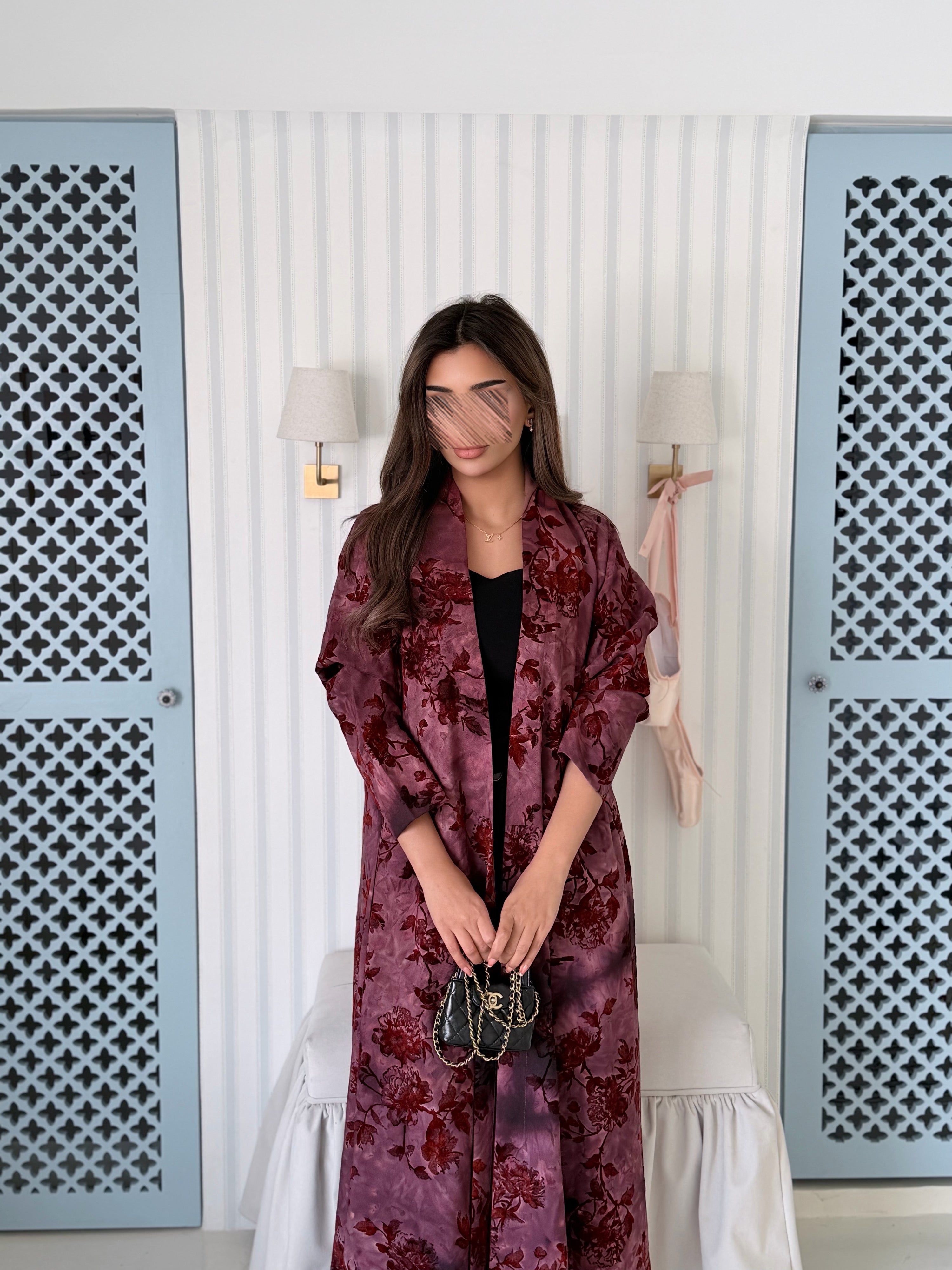 MWT5007 - عبايه عنابي طباعة كريب قصة نص كلوش - Aya