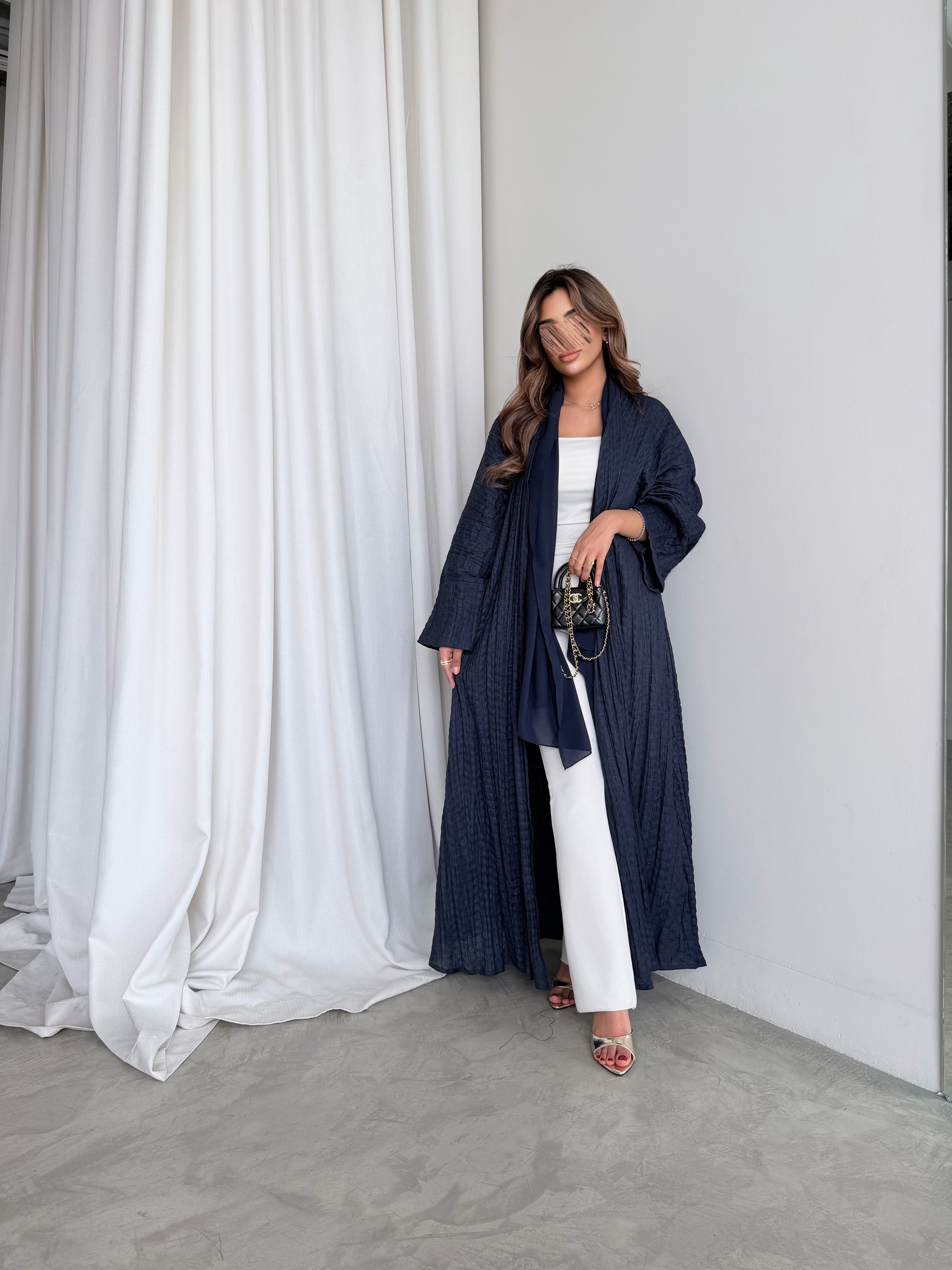 MWT5022 - قماش لينن كحلي فاتح قصة ربع كلوش - Aya