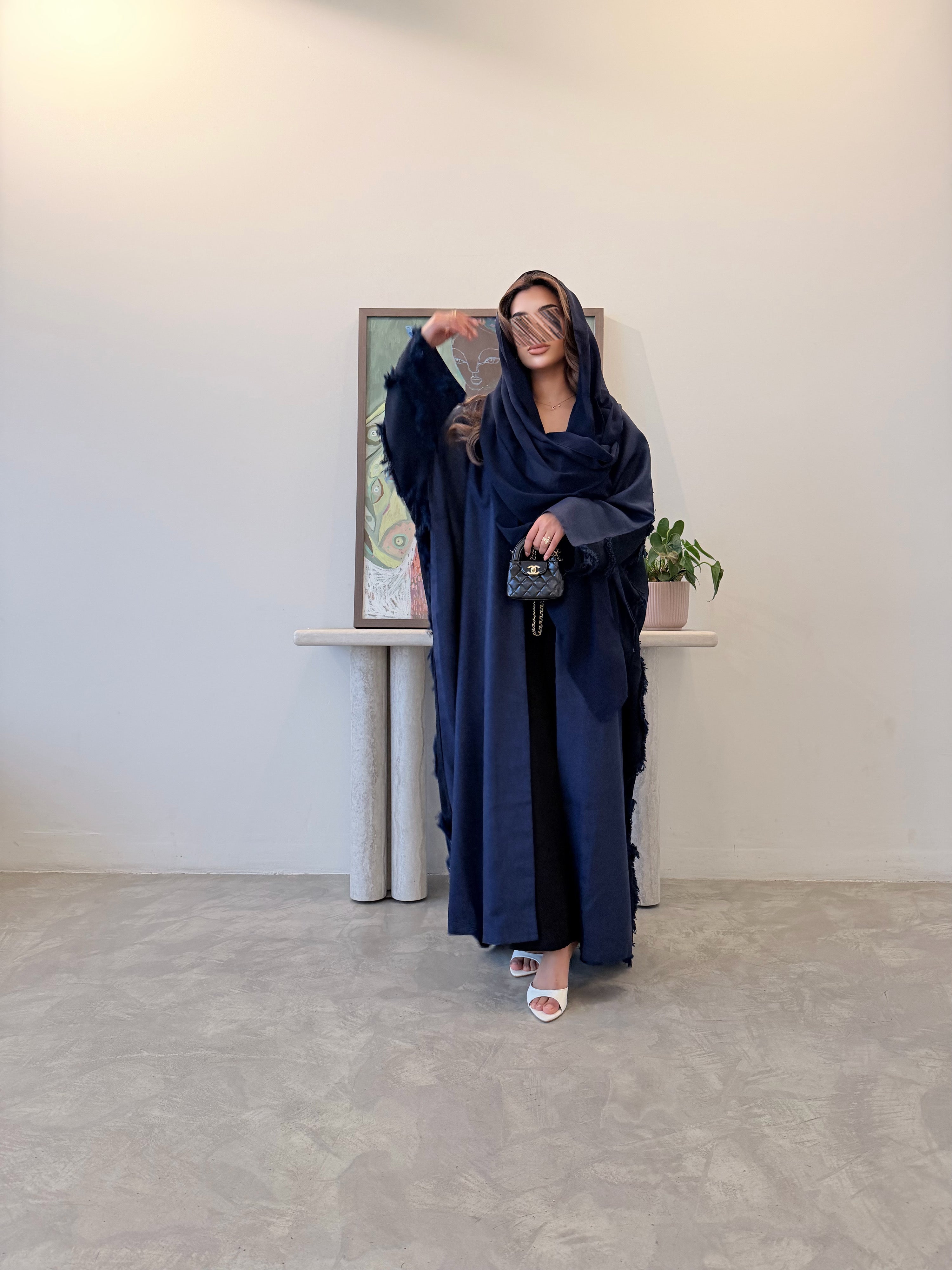 MWT5041 - قماش لينن كحلي ساده من الأمام مع كحلي هدب من الخلف قص نص كلوش - Aya